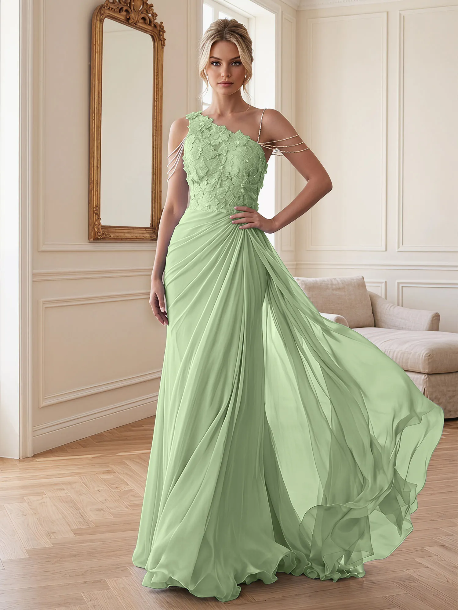 One-Shoulder Floral Lace Chiffon Evening Gown