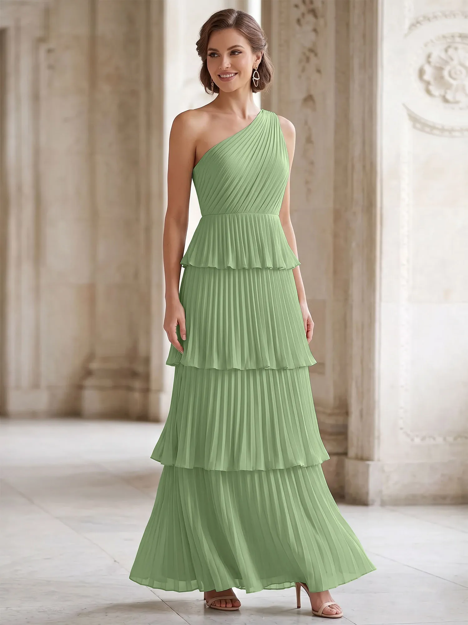 One-Shoulder Tiered Pleated Chiffon Evening Gown