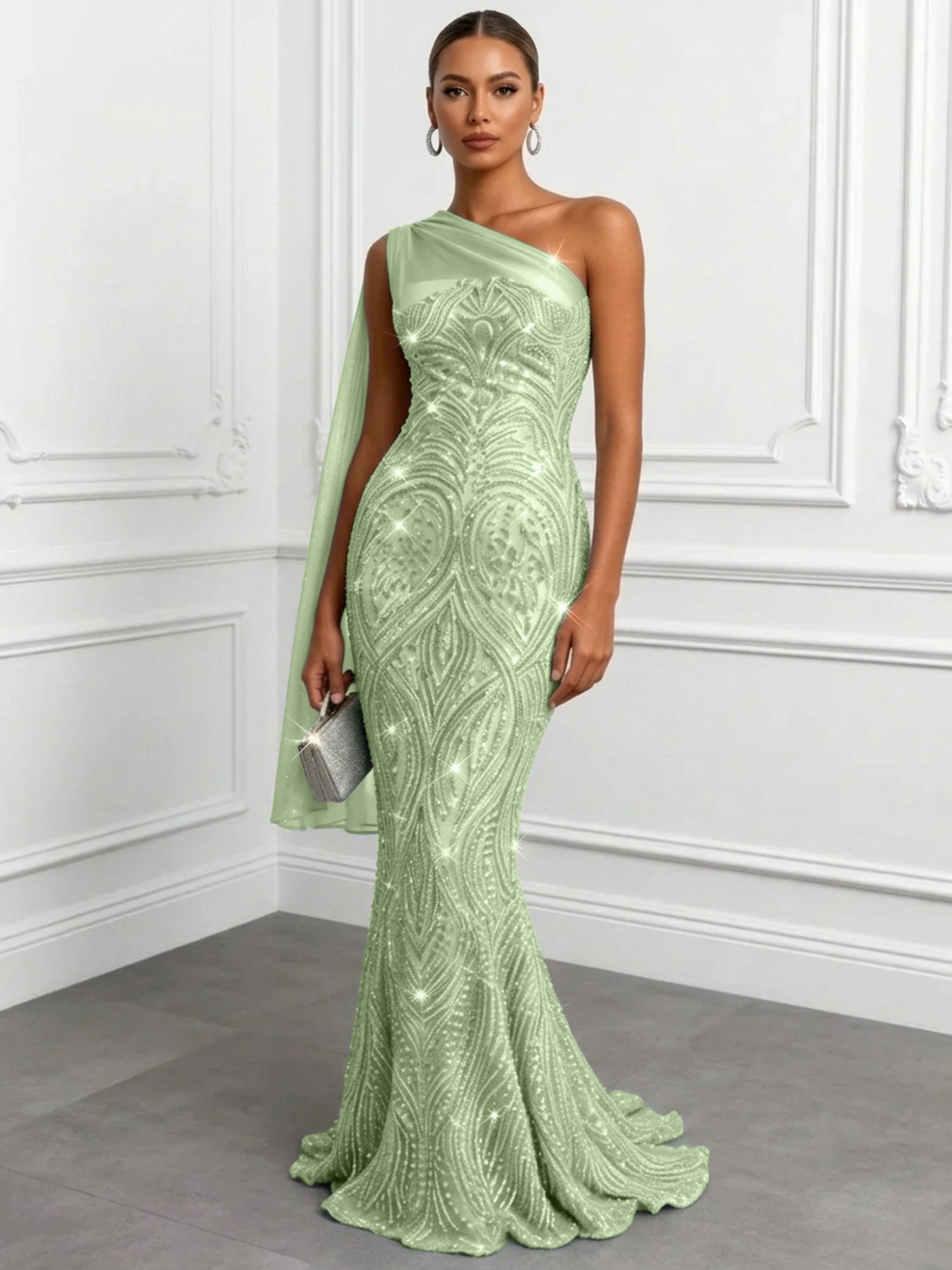 Shimmering Sage One-Shoulder Sequin Mermaid Evening Dress
