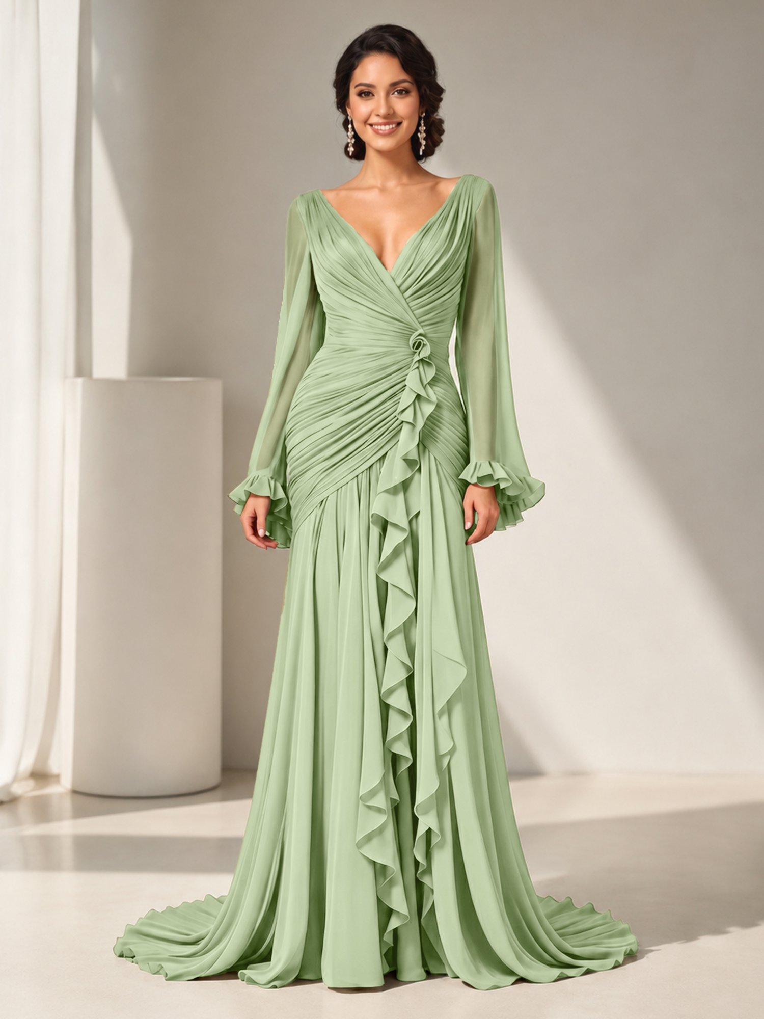Grecian Olive Green Ruched Long-Sleeve Cascading Ruffle Formal Evening Dress