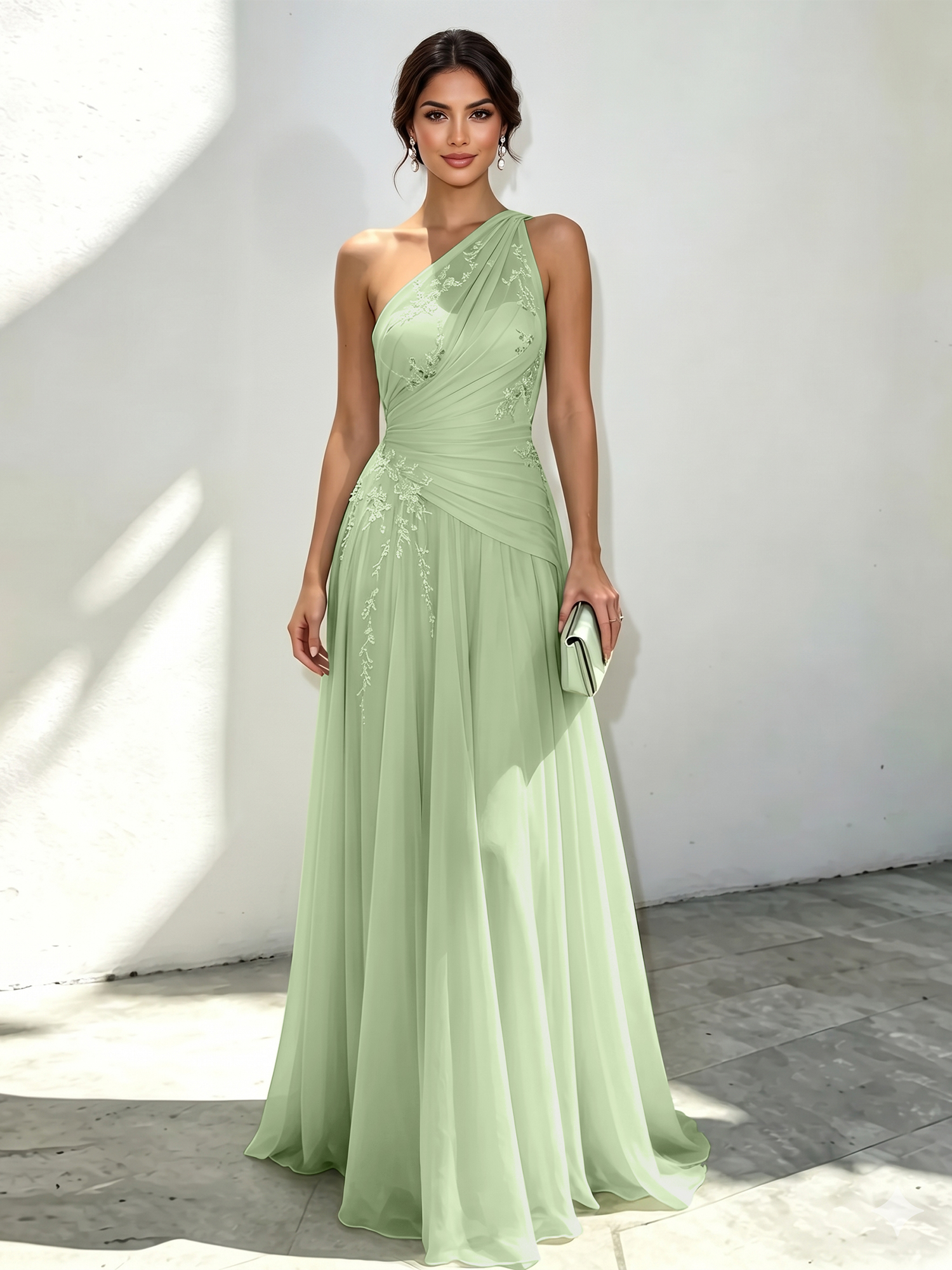 Ethereal Mint Green One-Shoulder Chiffon Evening Dress with Delicate Floral Embroidery