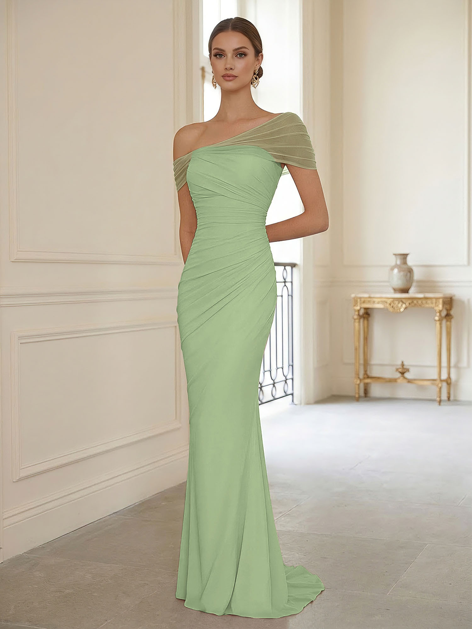 Sophisticated Blush Pink Asymmetrical Ruched Maxi Dress Evening Gown