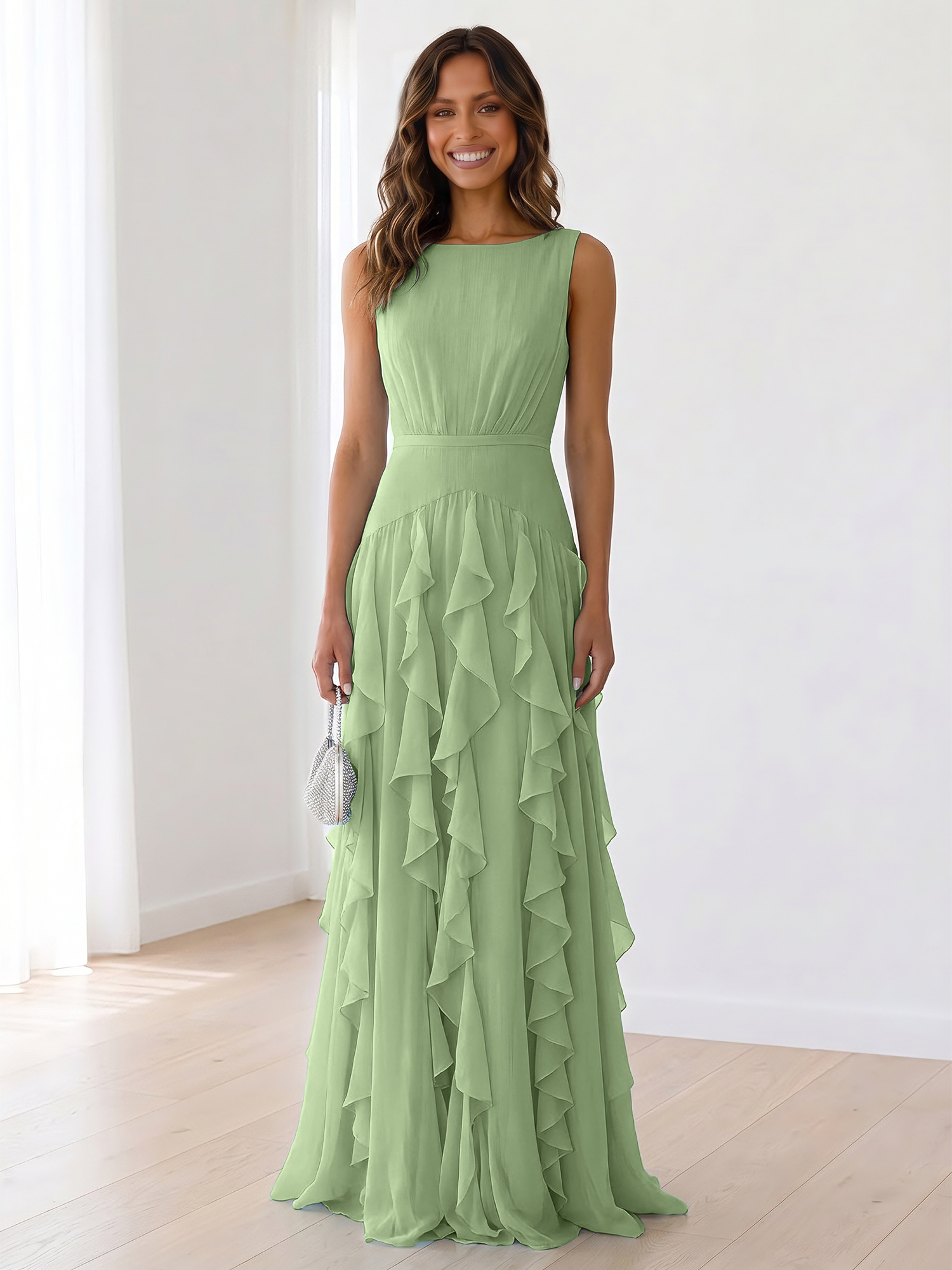 Ethereal Powder Blue Cascading Ruffle Maxi Formal Evening Dress