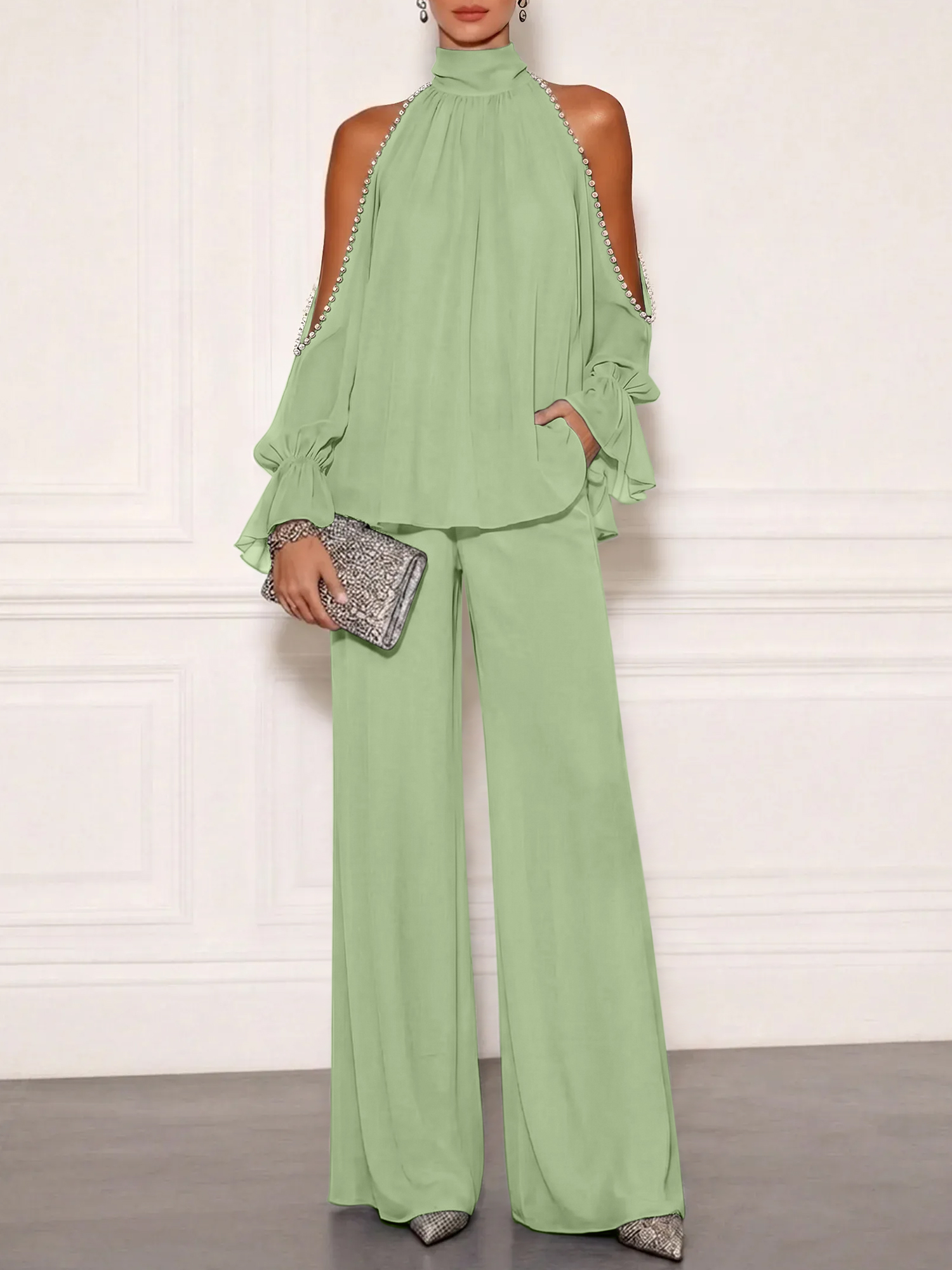 Sophisticated Embellished Cold Shoulder Formal Evening Jumpsuit