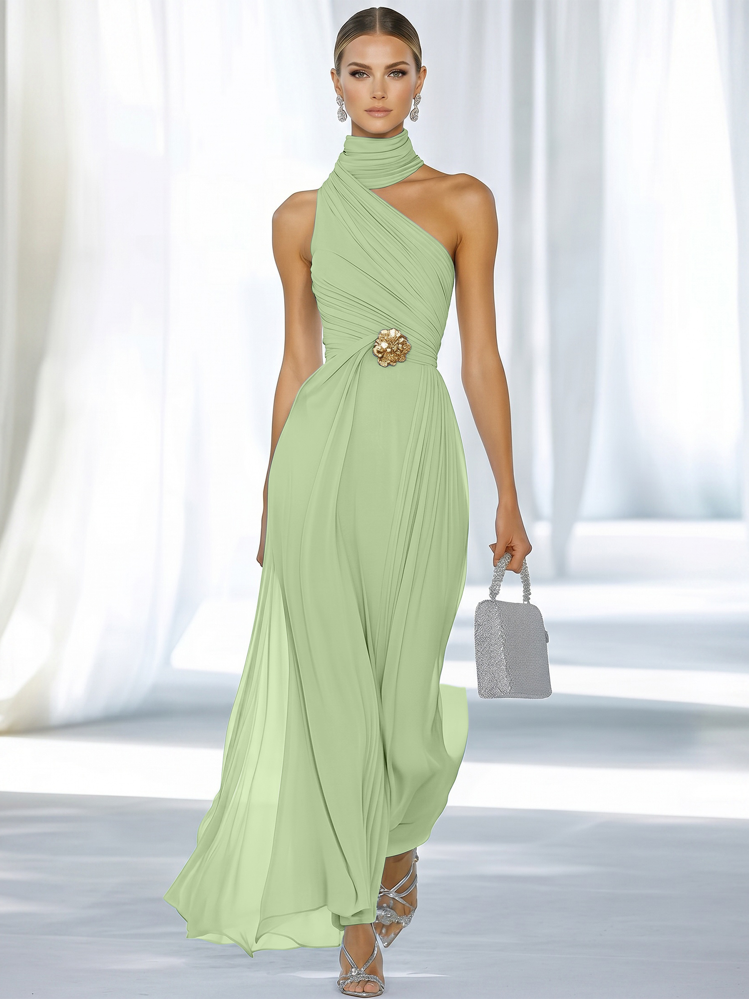 Sky Blue Pleated Chiffon Halter Strapless Formal Evening Dress