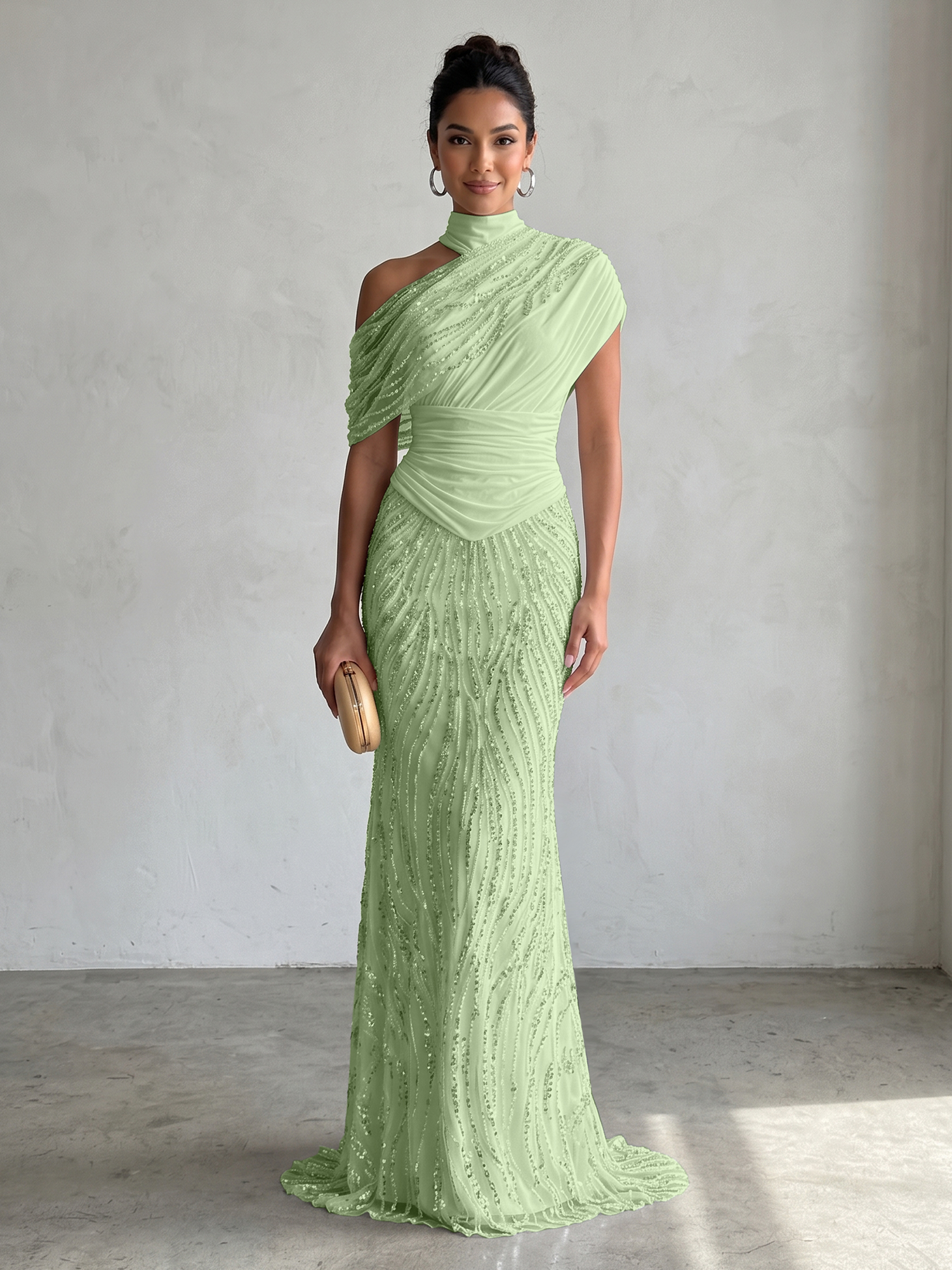 Ethereal White Beaded High-Neck Draped Sheath Formal Evening Dress