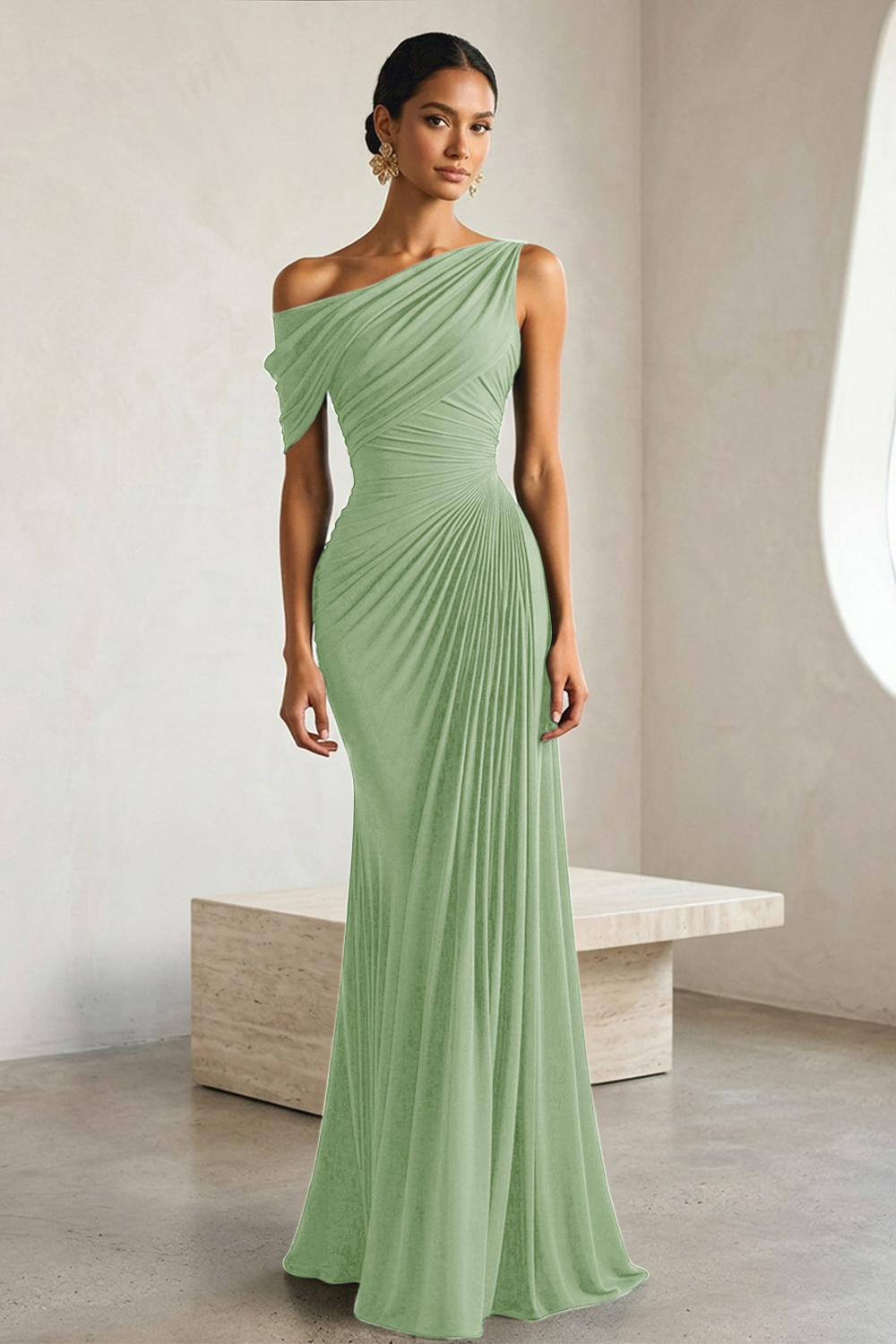 Timeless Black Architectural One-Shoulder Sheath Evening Gown