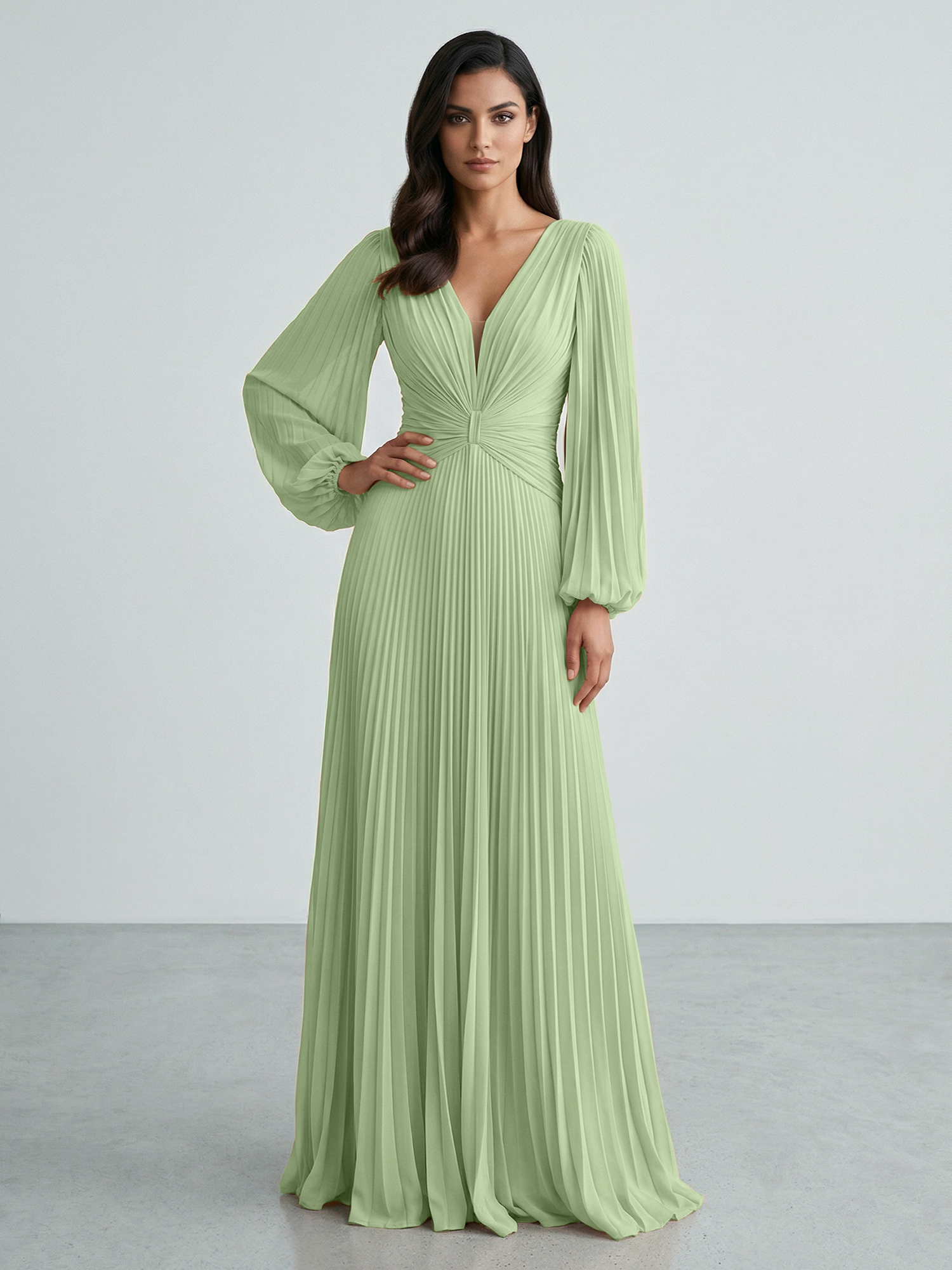 Slate Blue Plunging V-Neck Pleated Long Sleeve Maxi Dress Gown