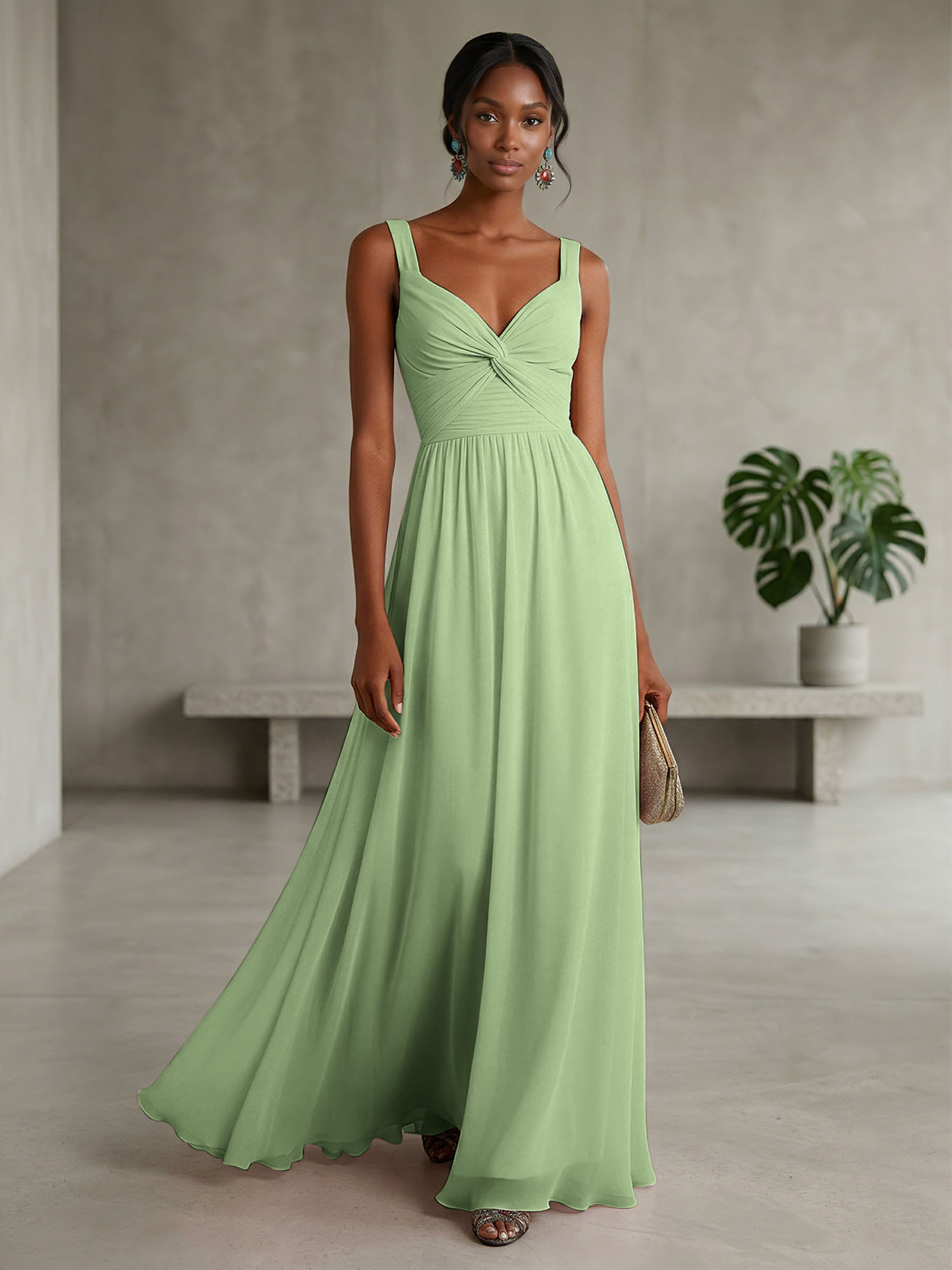 Elegant Soft Blush Twist-Front Chiffon Maxi Gown