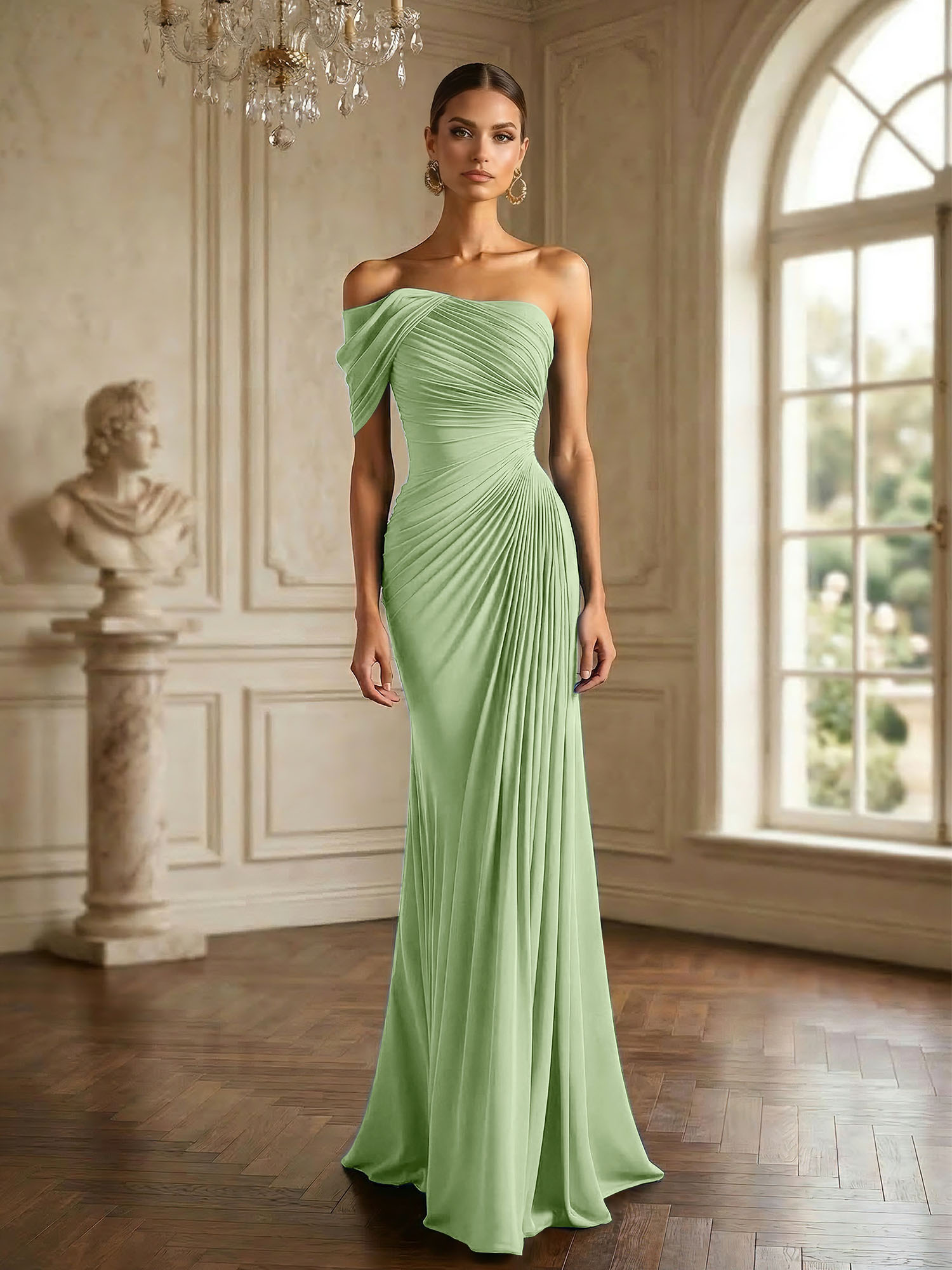 One Shoulder Pleat Mermaid Chiffon Evening Dresses for Women Gown