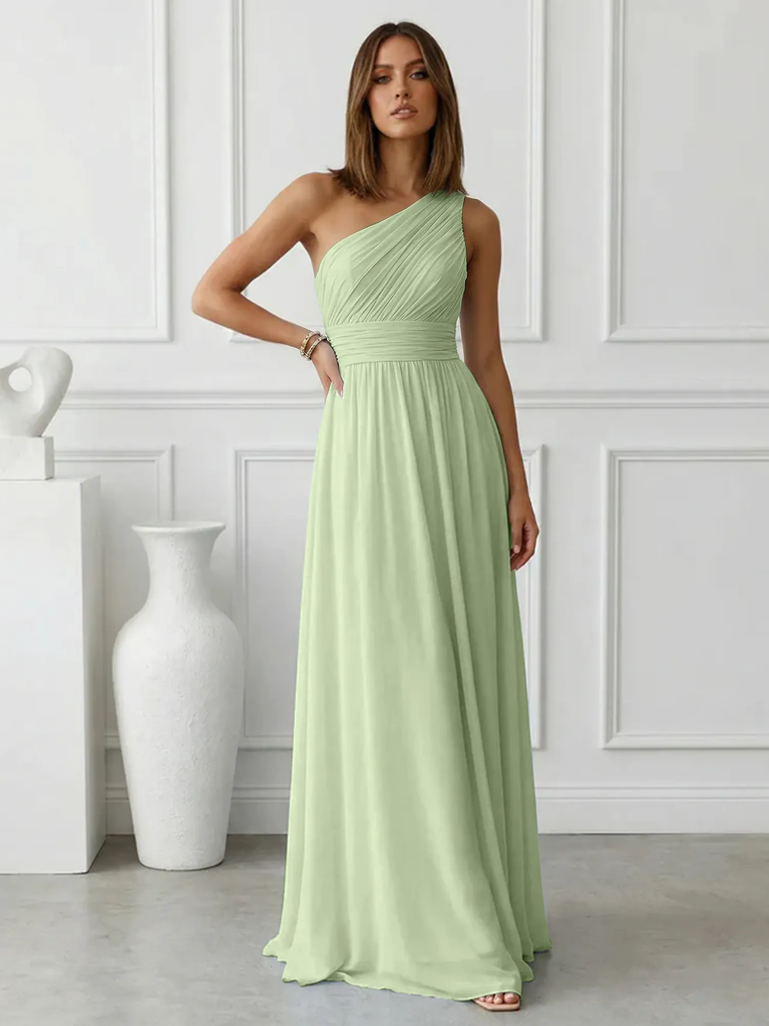 One-Shoulder Pleated Chiffon A-Line Evening Dress