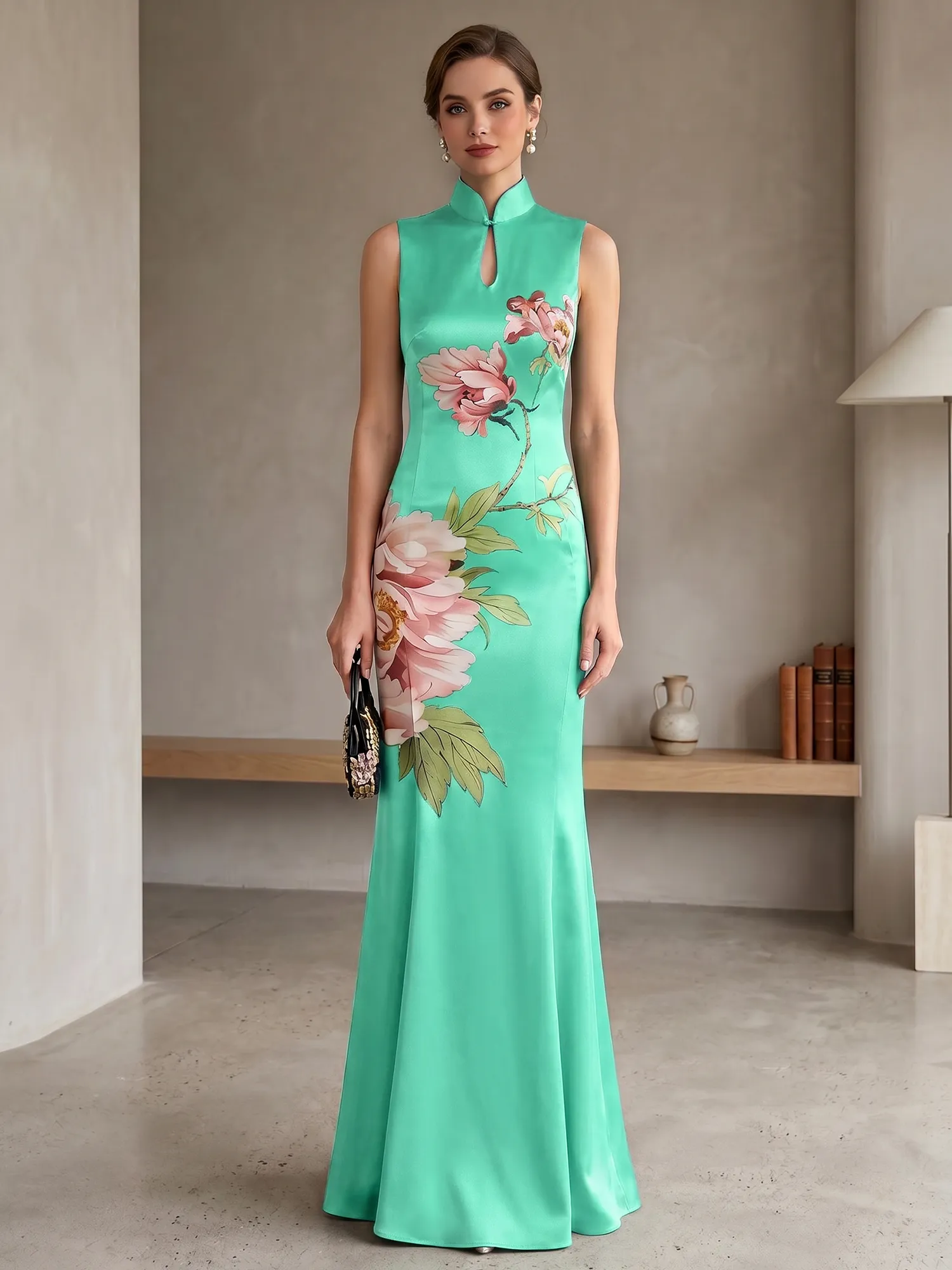 Satin Qipao-Inspired Floral Mermaid Evening Gown