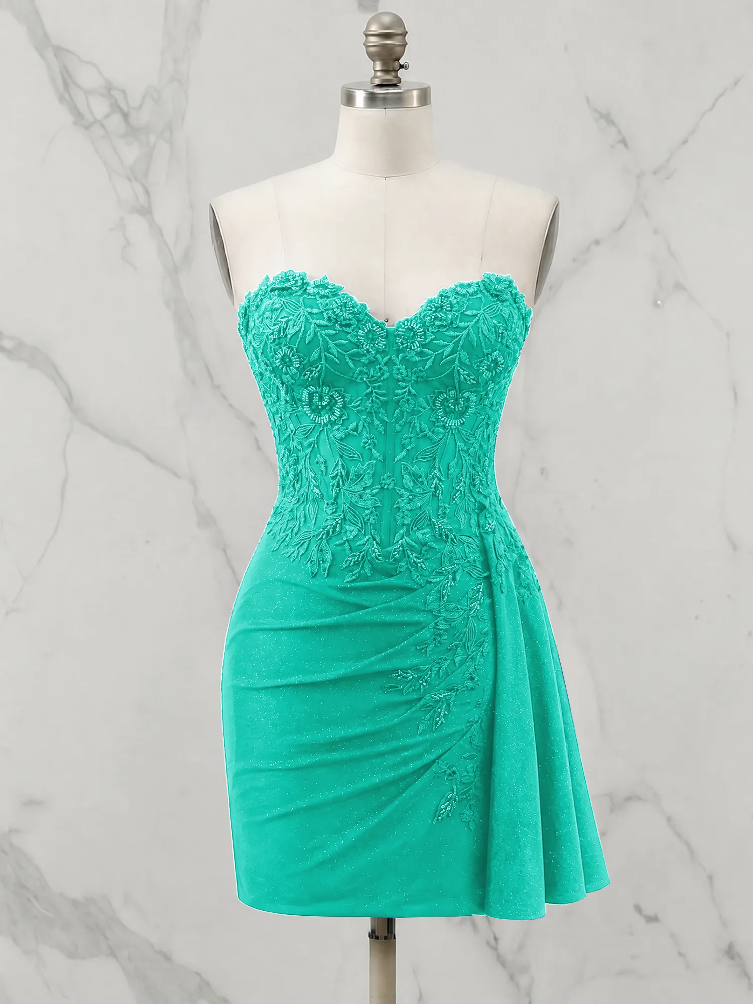Strapless Lace Appliqué Glitter Homecoming Dress with Side Drape