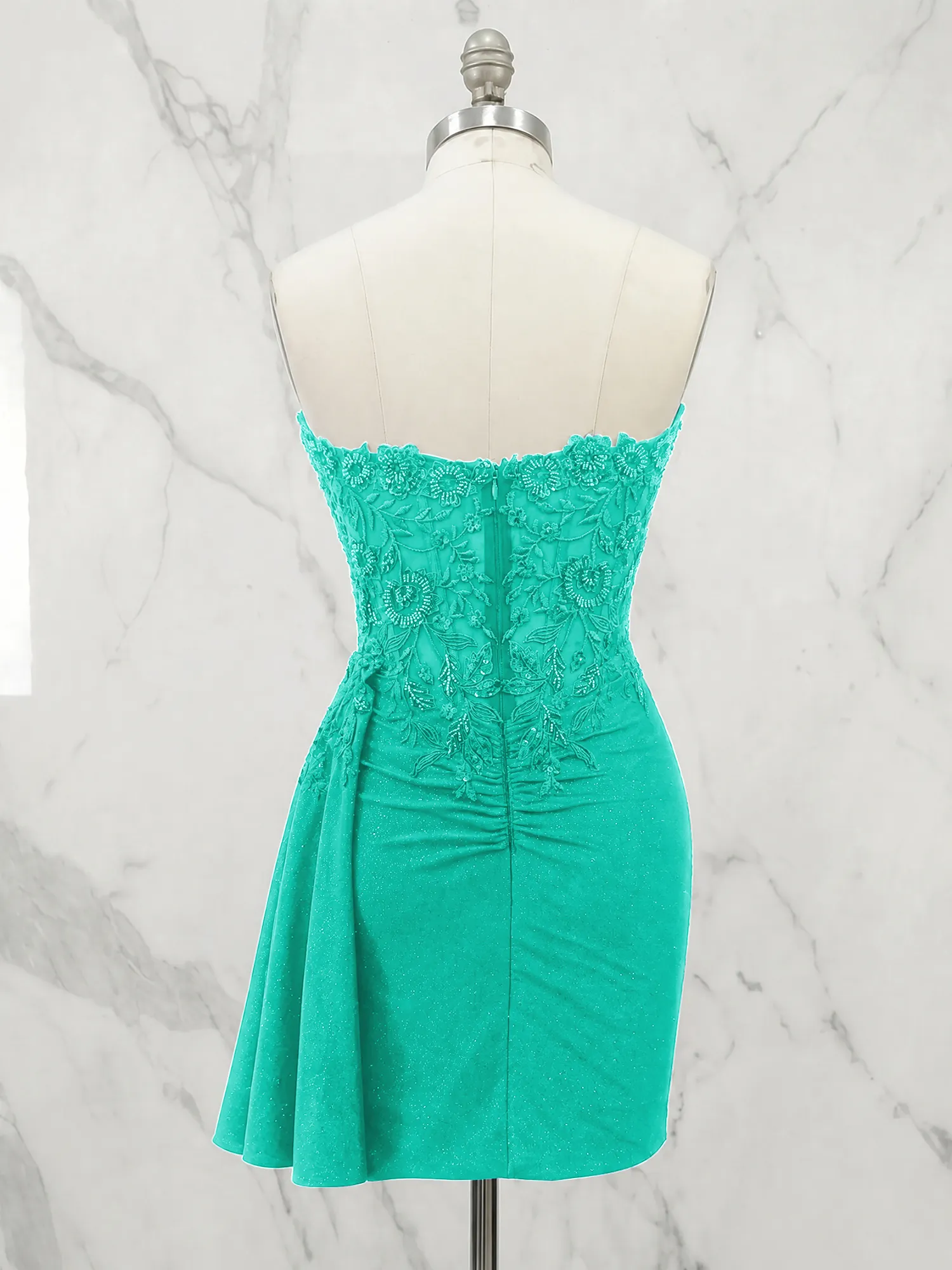Strapless Lace Appliqué Glitter Homecoming Dress with Side Drape