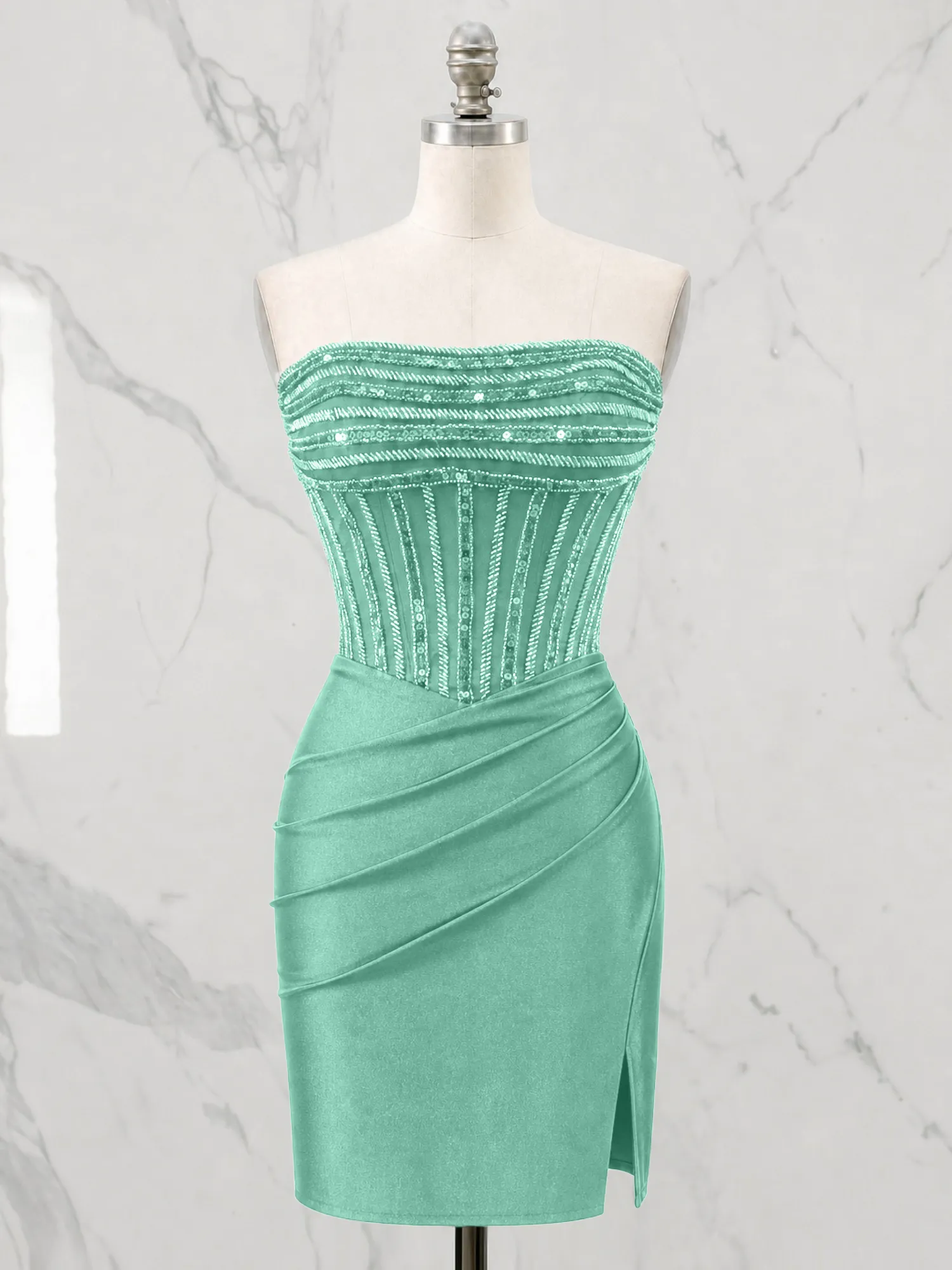 Strapless Beaded Corset Homecoming Dress with Ruched Skirt