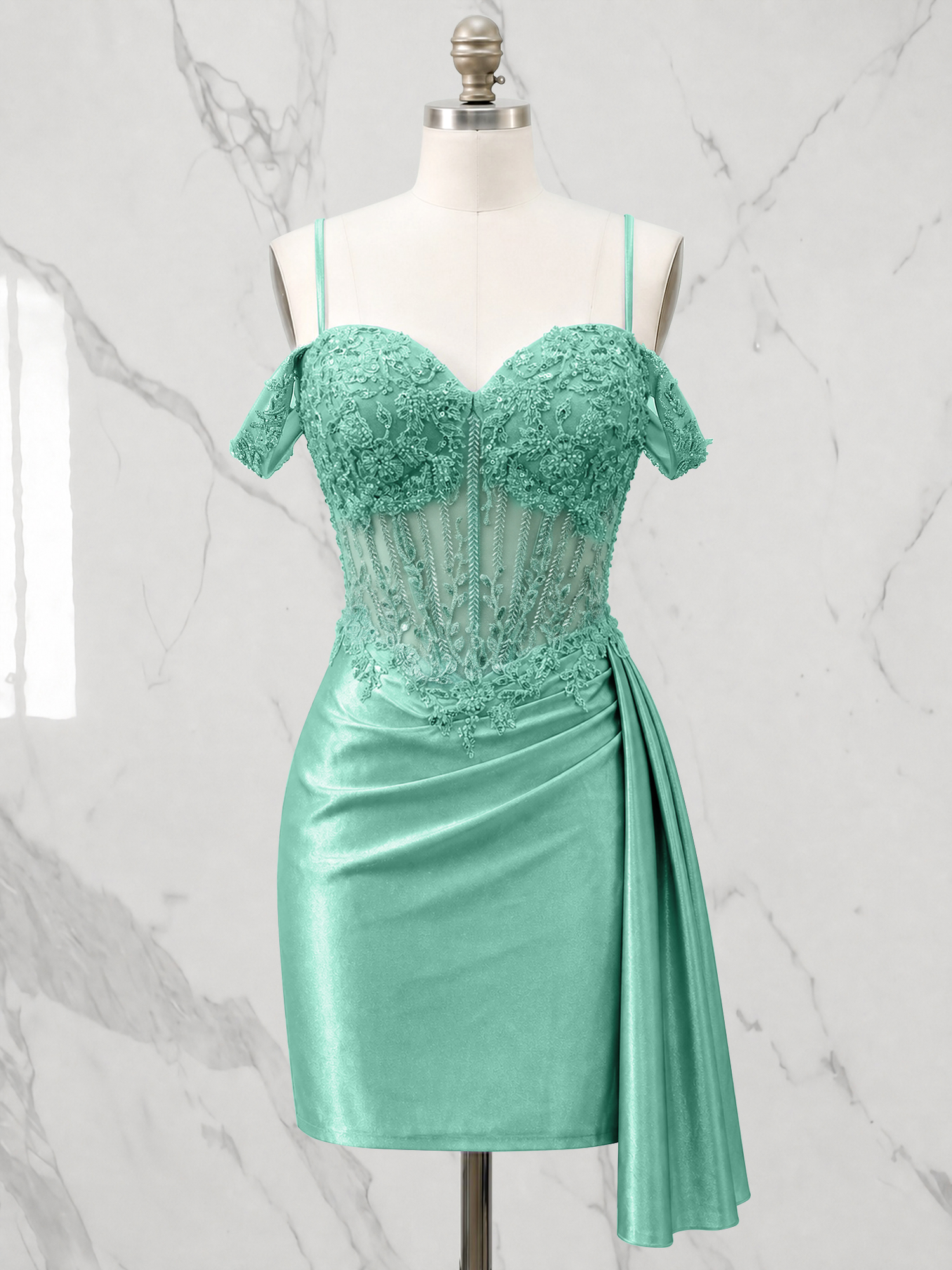 Off-the-Shoulder Lace Corset Homecoming Dress with Side Drape