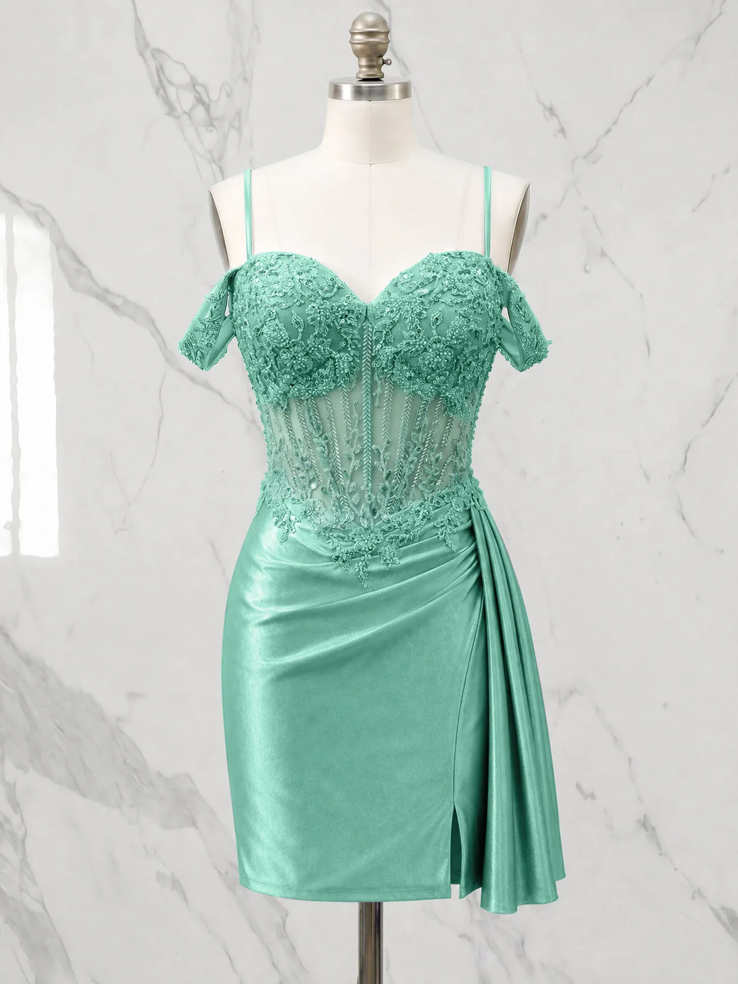Off-the-Shoulder Lace Corset Homecoming Dress with Draped Skirt