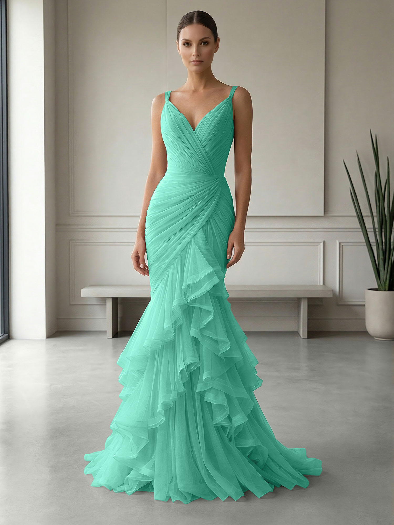 Mauve Folds Tulle Strapless Sleeveless Mermaid Gown Dress
