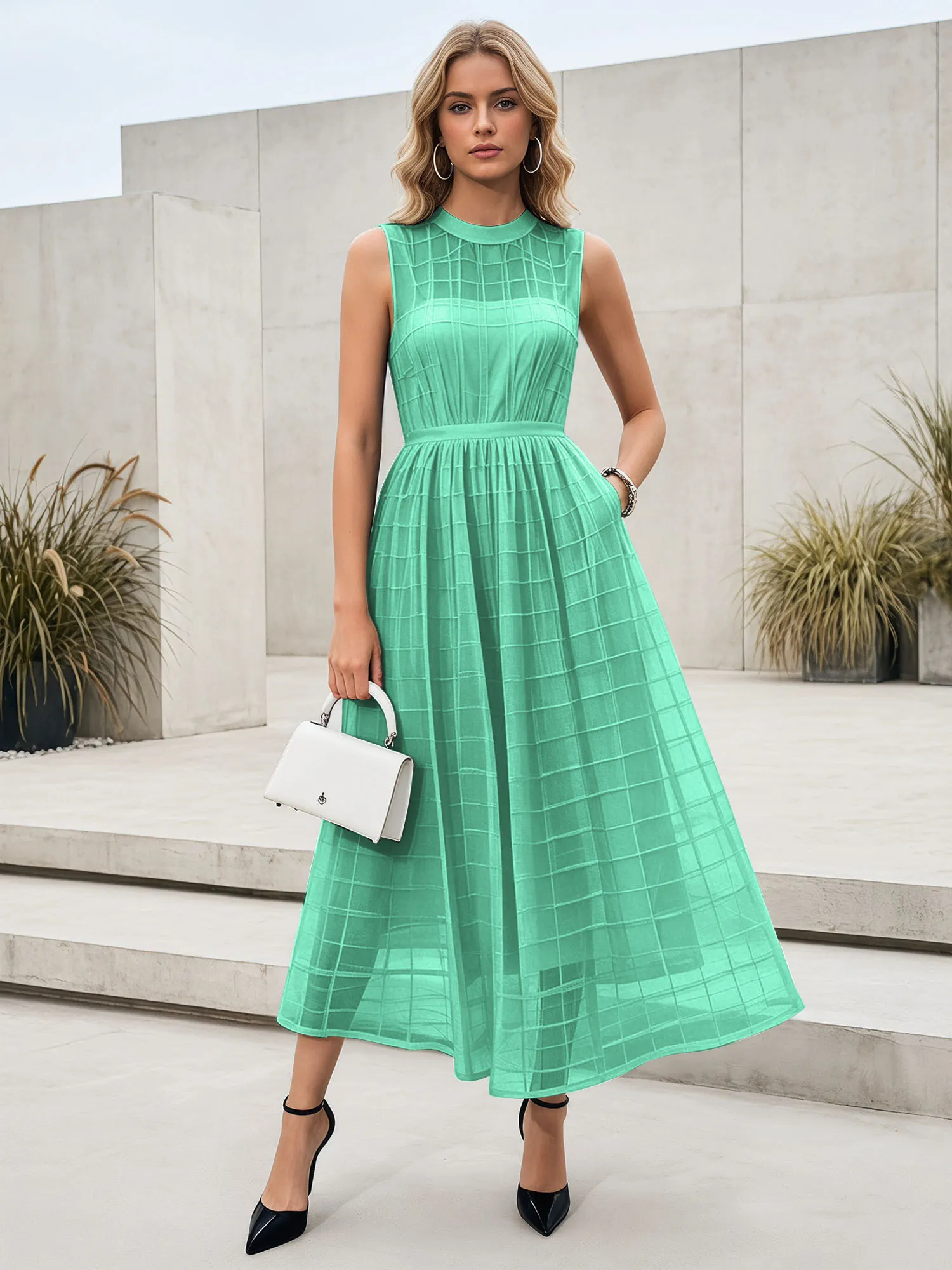 Sleeveless Grid Mesh A-Line Midi Evening Dress