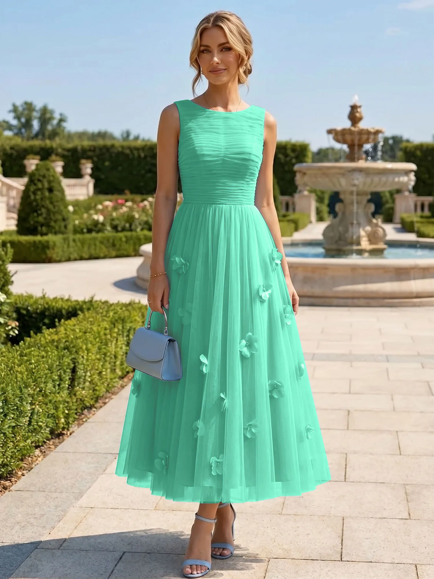 A Line Sleeveless Tulle Midi Dress with 3D Floral Appliqués