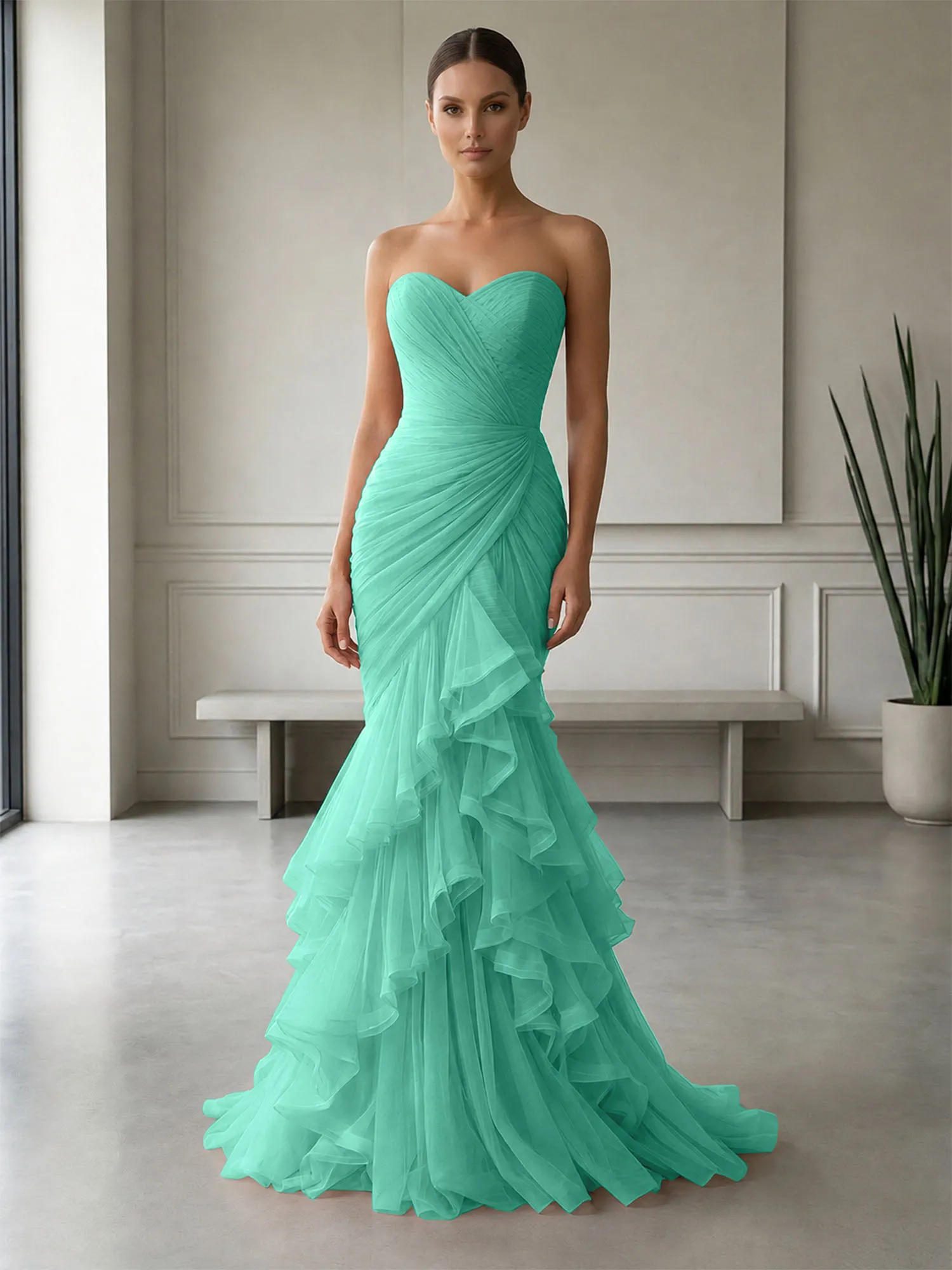 Strapless Ruched Tulle Mermaid Evening Gown Maxi Dress