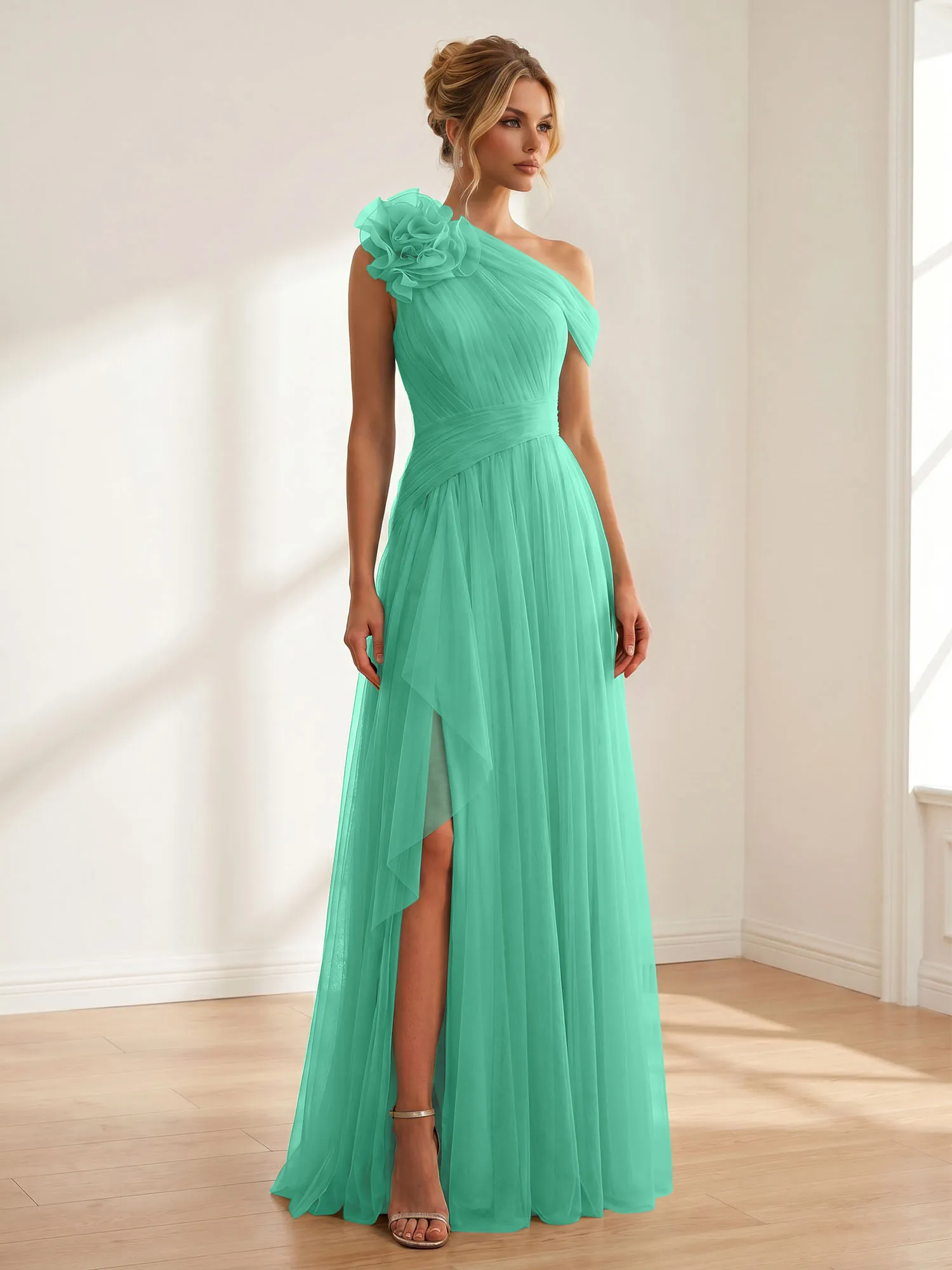 One-Shoulder Tulle Evening Gown with Floral Accent