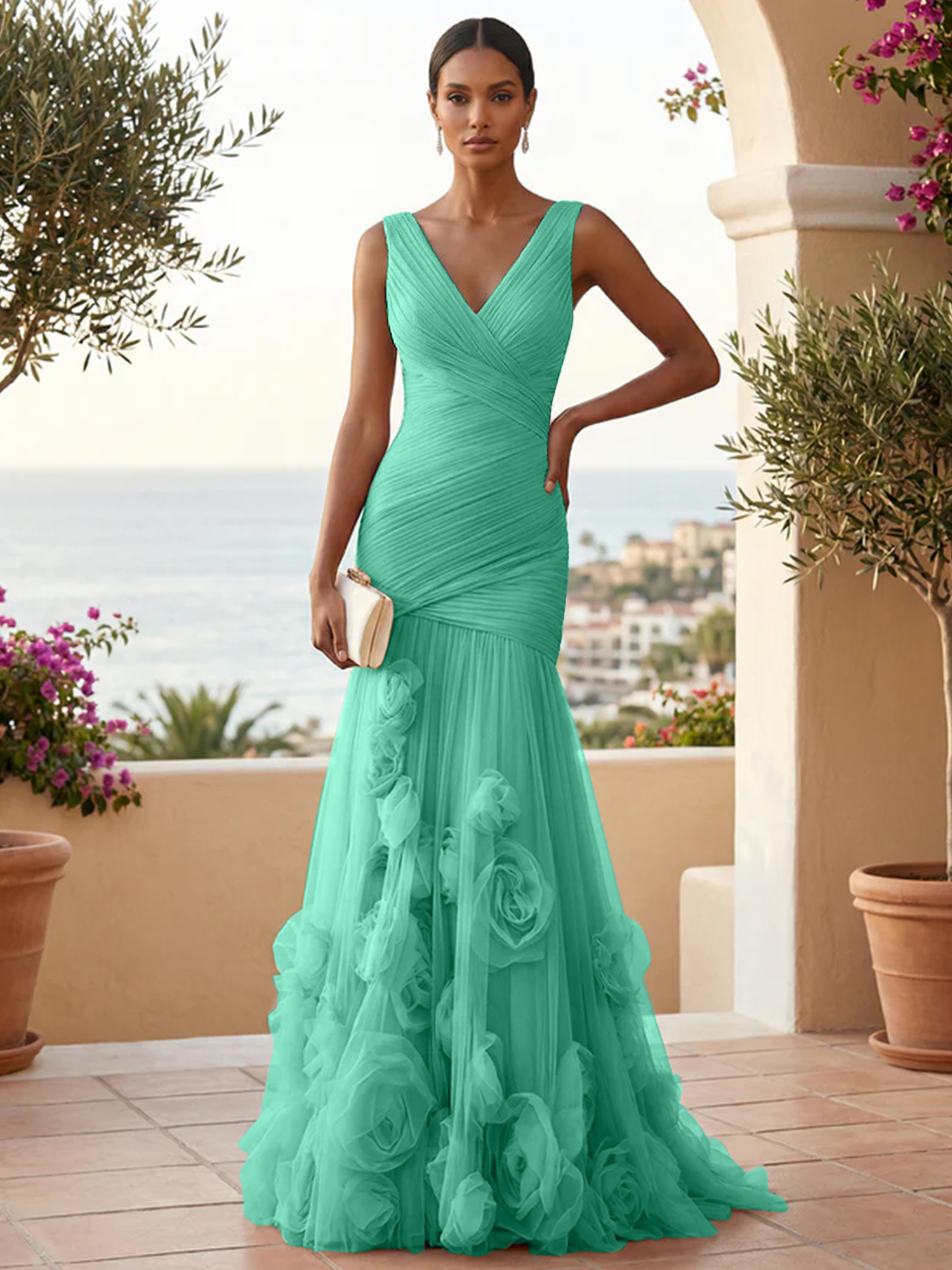Sweetheart Tulle V Neck Pleat Mermaid Evening Dresses with 3D Flower