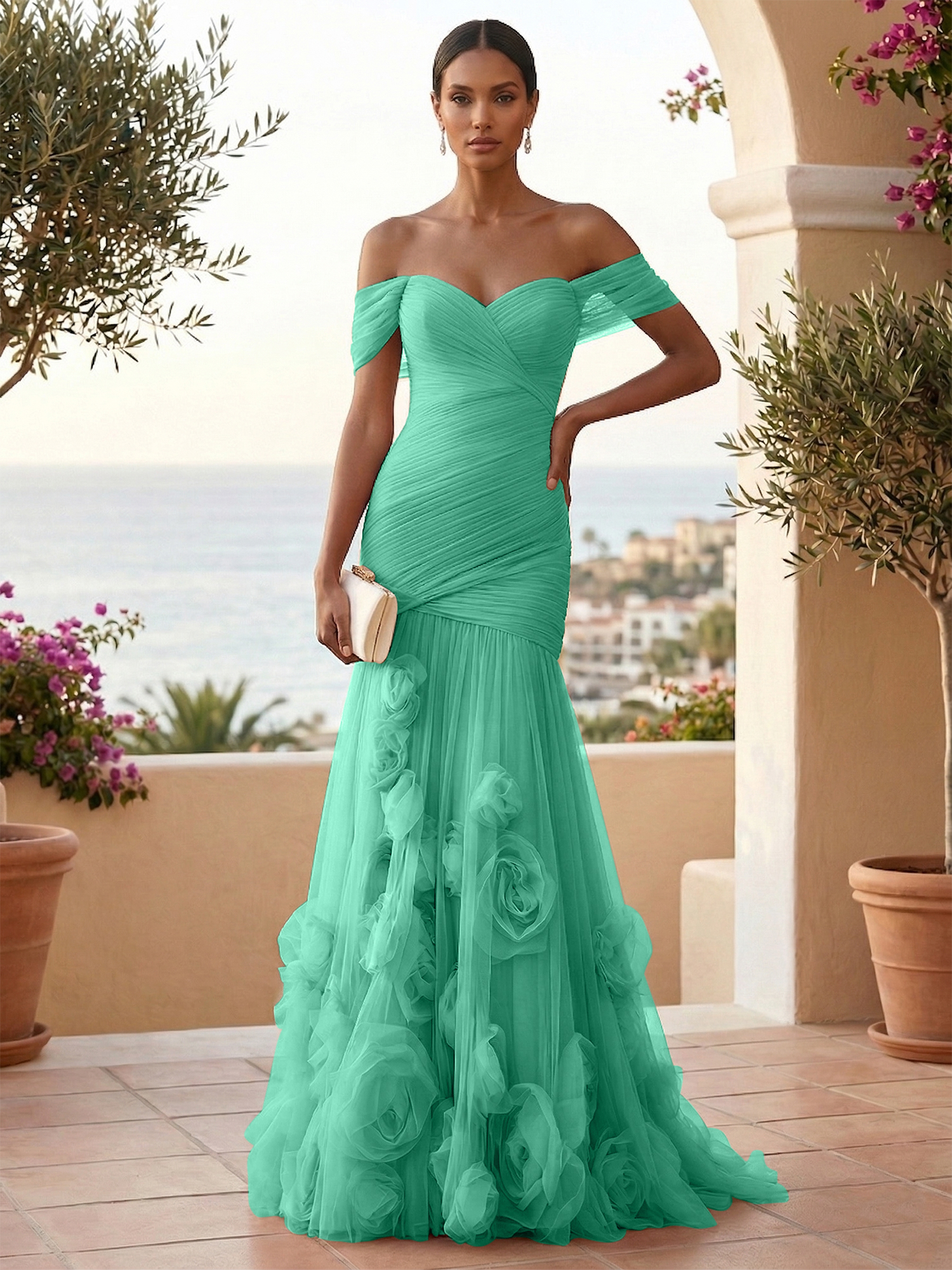 Sweetheart Tulle Off the Shoulder Pleat Mermaid Evening Dresses with 3D Flower