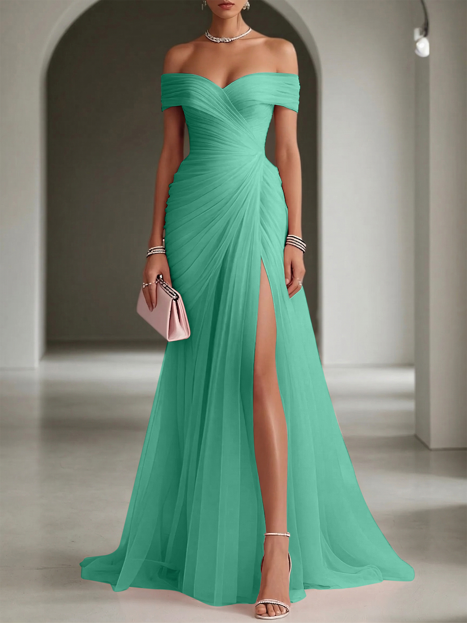 Blush Ruched Slit Tulle Off the Shoulder Sleeveless Sheath Gown Dress
