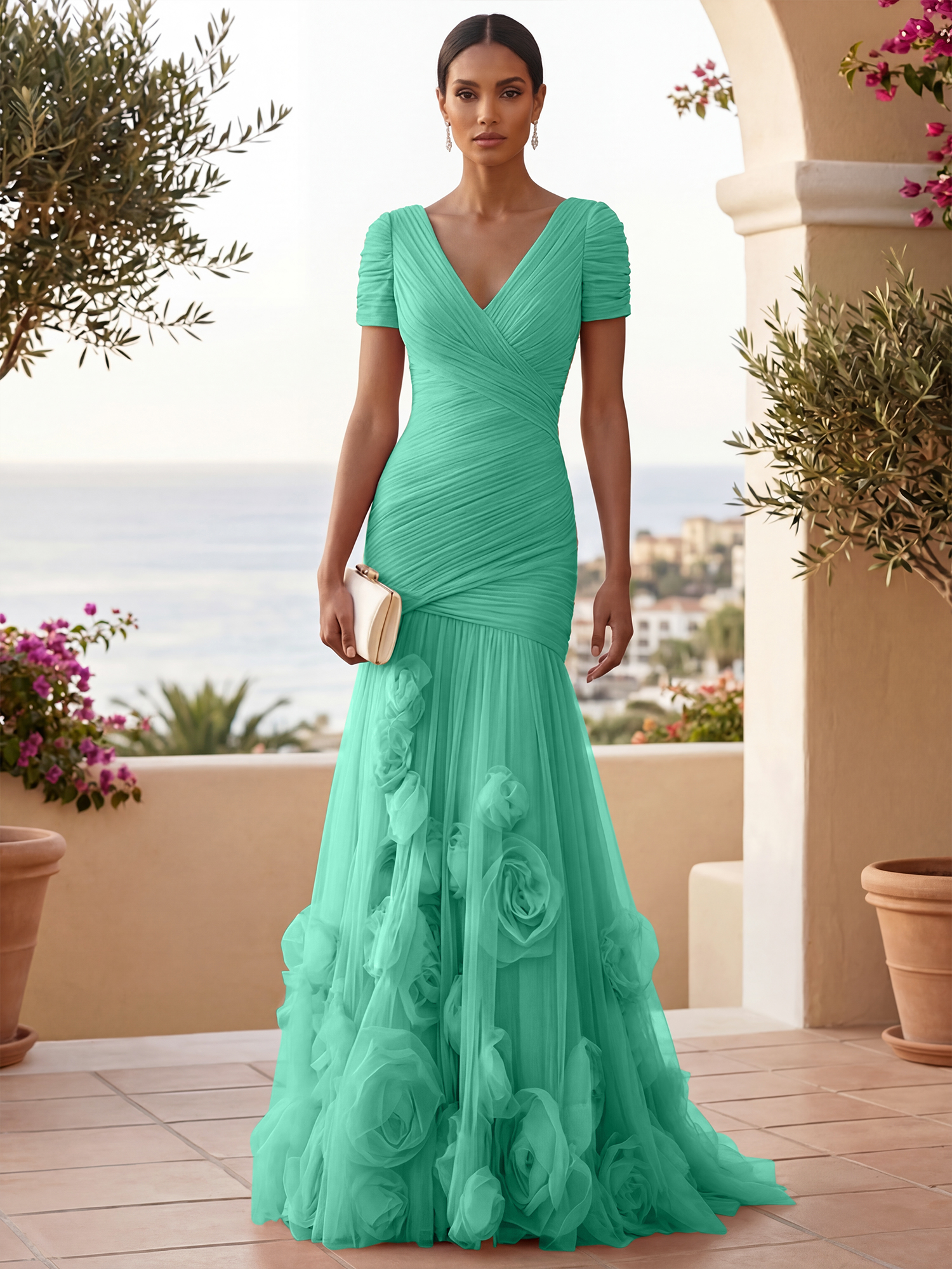Sweetheart Tulle Short Sleeves Pleat Mermaid Evening Dresses with 3D Flower