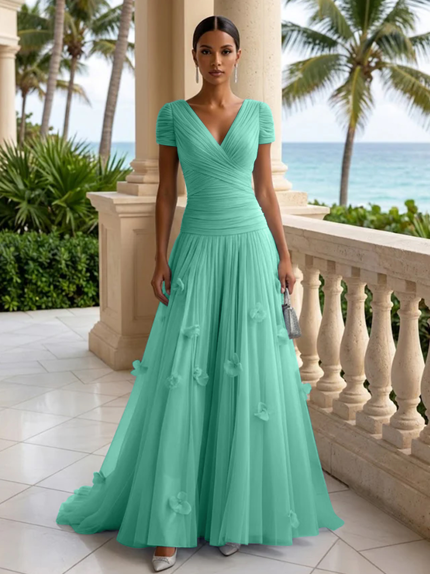 Elegant V-Neck Ruched Tulle A-Line Evening Gown with 3D Floral Appliqués