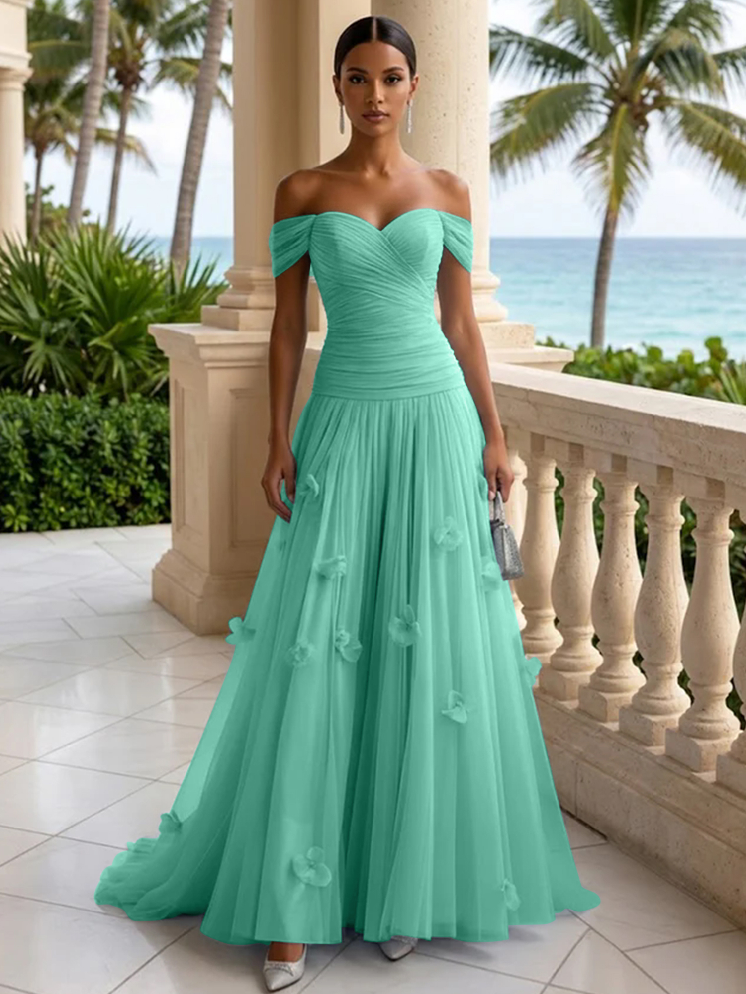 Elegant Off-the-Shoulder Ruched Tulle A-Line Evening Gown with 3D Floral Appliqués