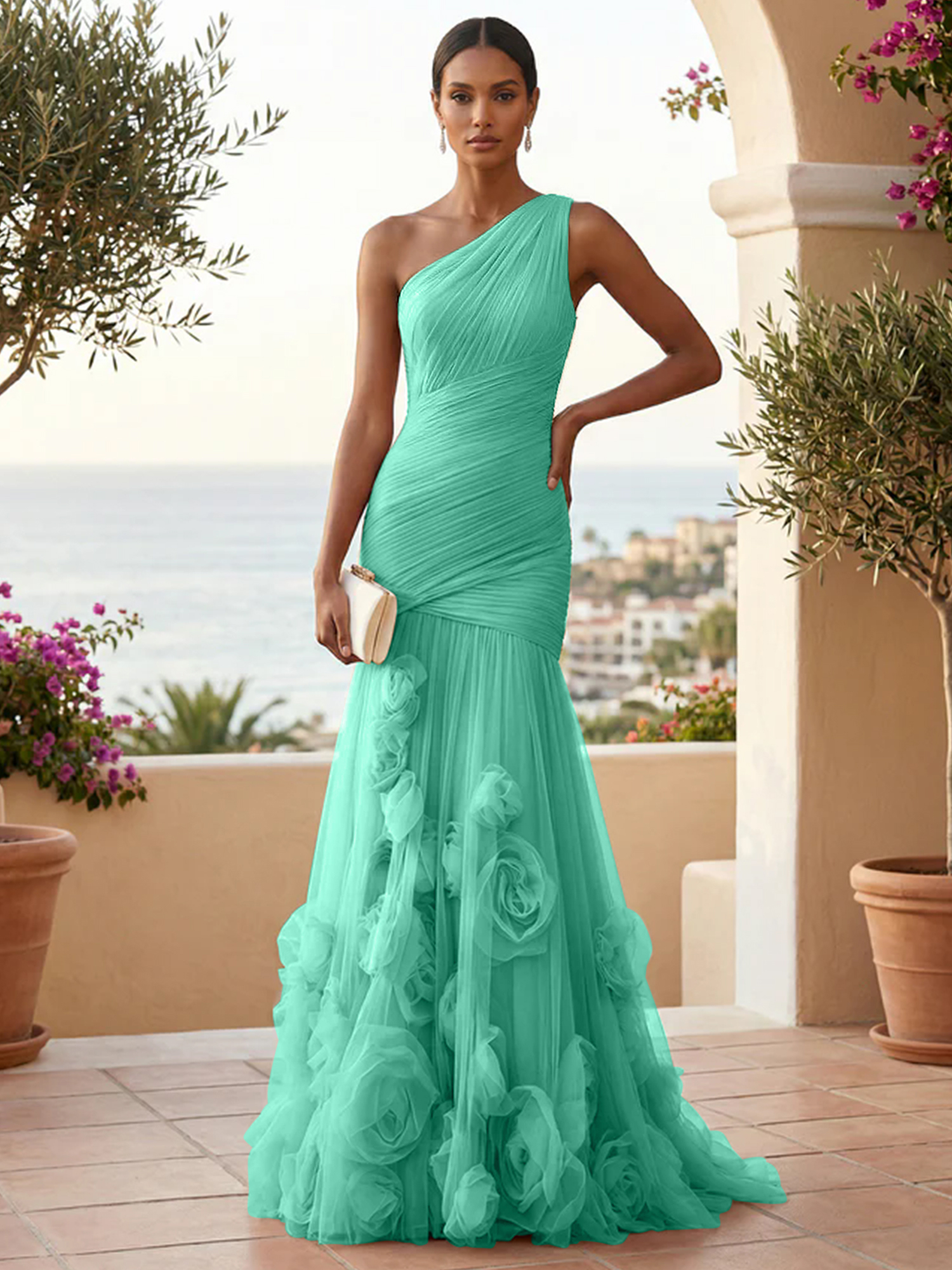 Sweetheart Tulle Pleat One Shoulder Mermaid Evening Dresses Gown with 3D Flower