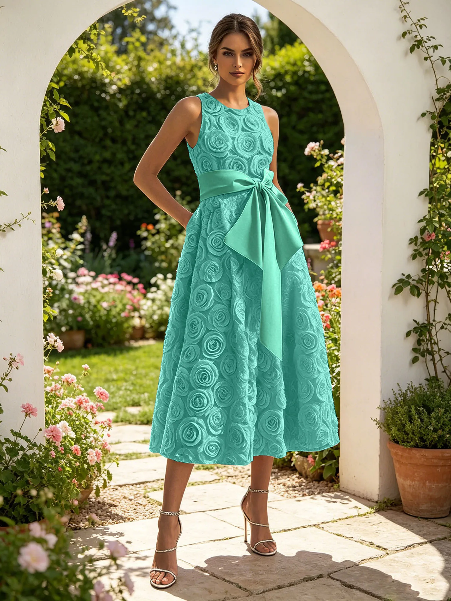 Sleeveless 3D Rose Midi Evening Dress with Satin Bow Sash