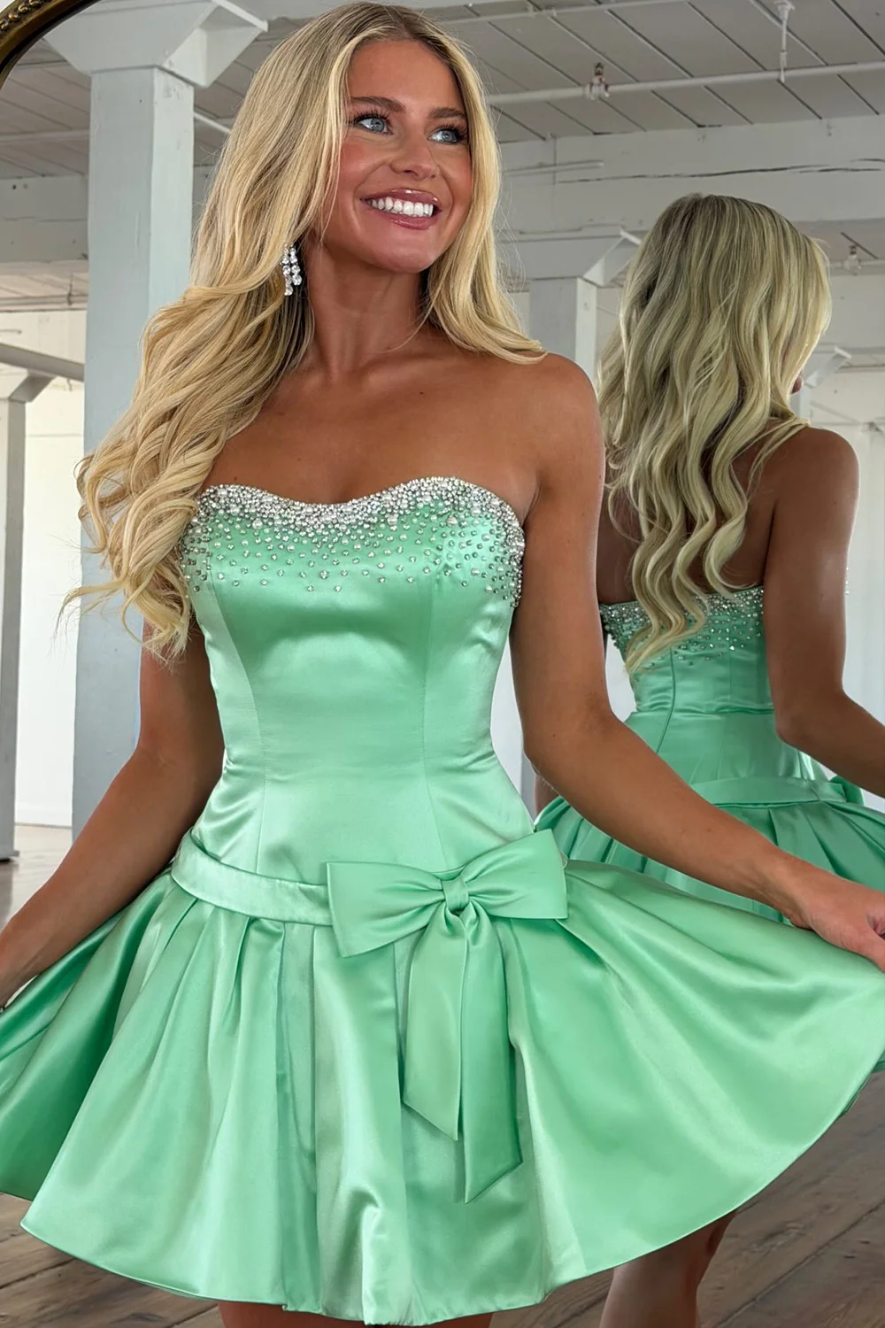 Luminous Mint Green Strapless Beaded Homecoming Dress with Bow Waist 