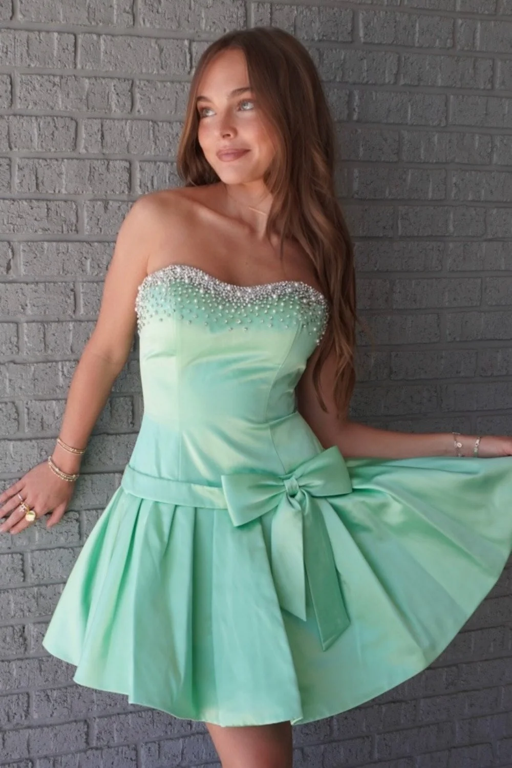Luminous Mint Green Strapless Beaded Homecoming Dress with Bow Waist 