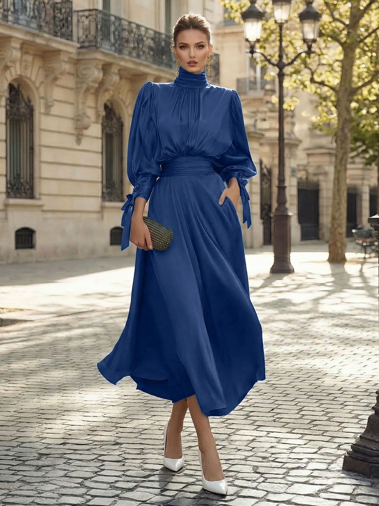 Sophisticated Camel V-Neck Balloon Sleeve Midi Dress Evening Gown