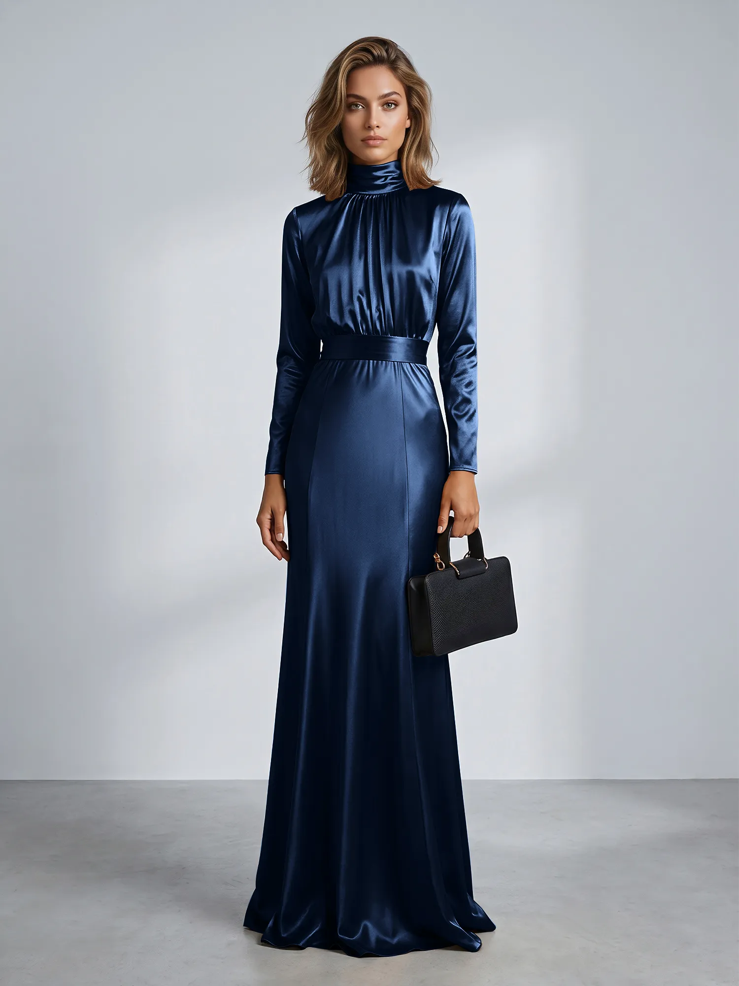 High Neck Long Sleeve Satin Mermaid Evening Gown with Waist Sash