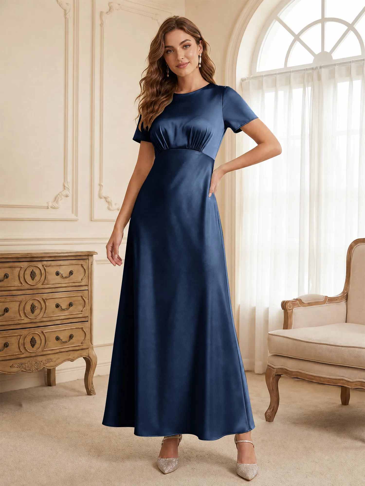 Round Neck Short Sleeve Satin Bridesmaid Dress