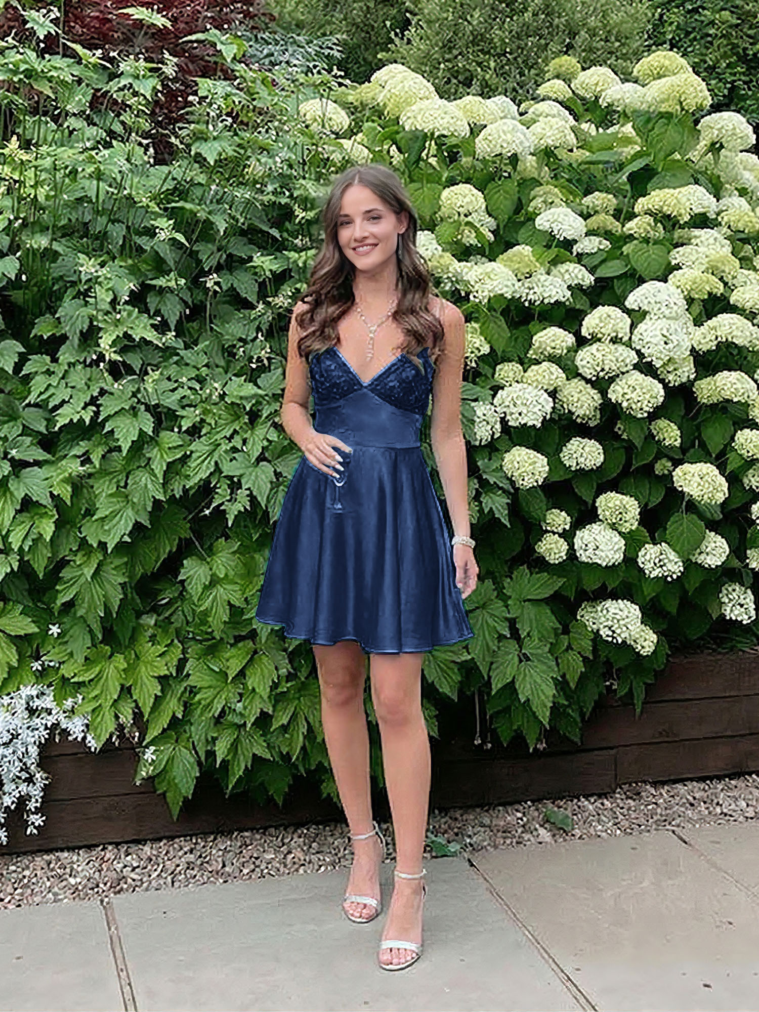 Blue A Line V-neck Beaded Back Tie Short Homecoming Mini Dress