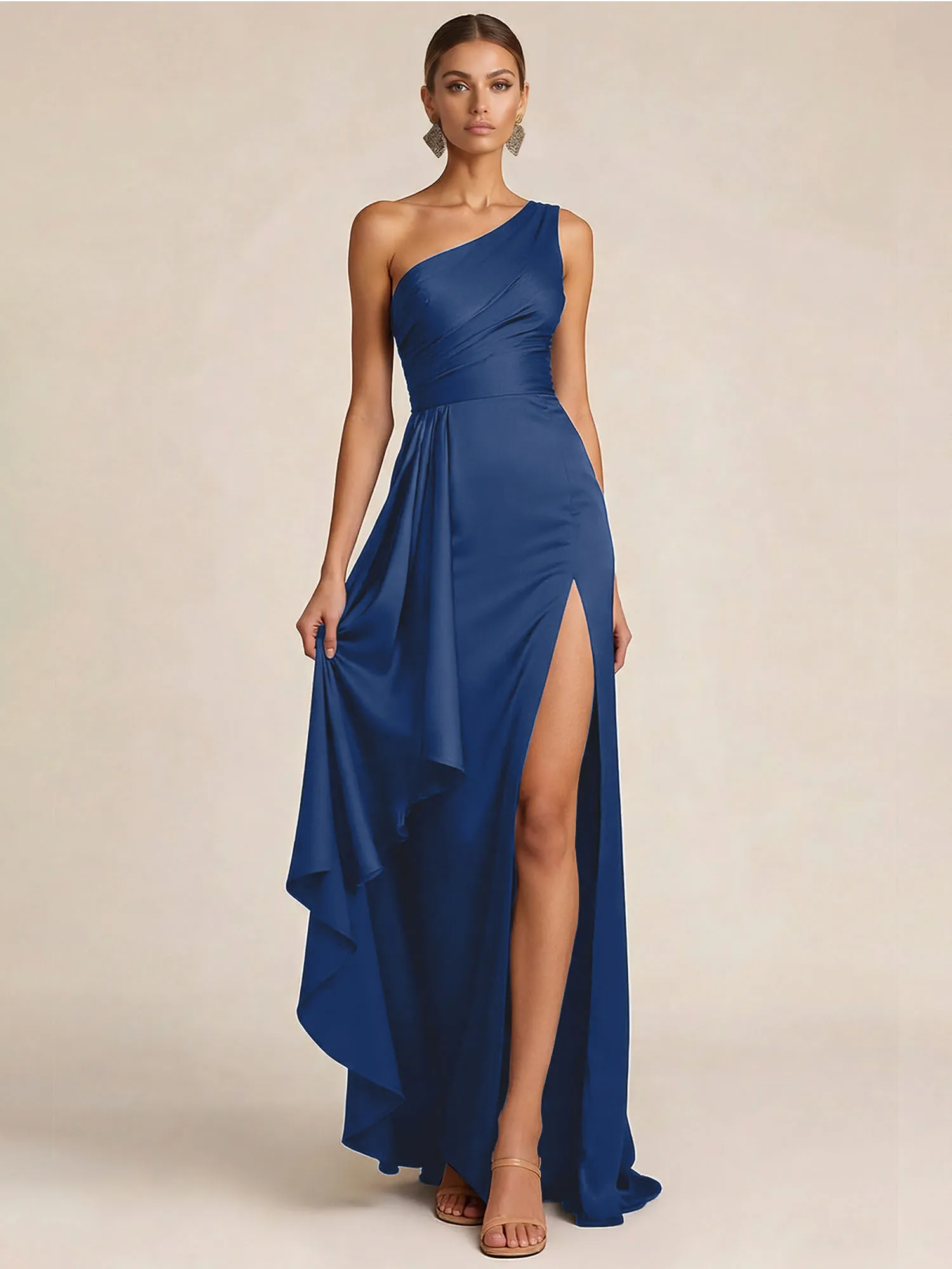 Sleek Foraml Evening Gown Midnight Navy One-Shoulder Satin Slit Maxi Dress