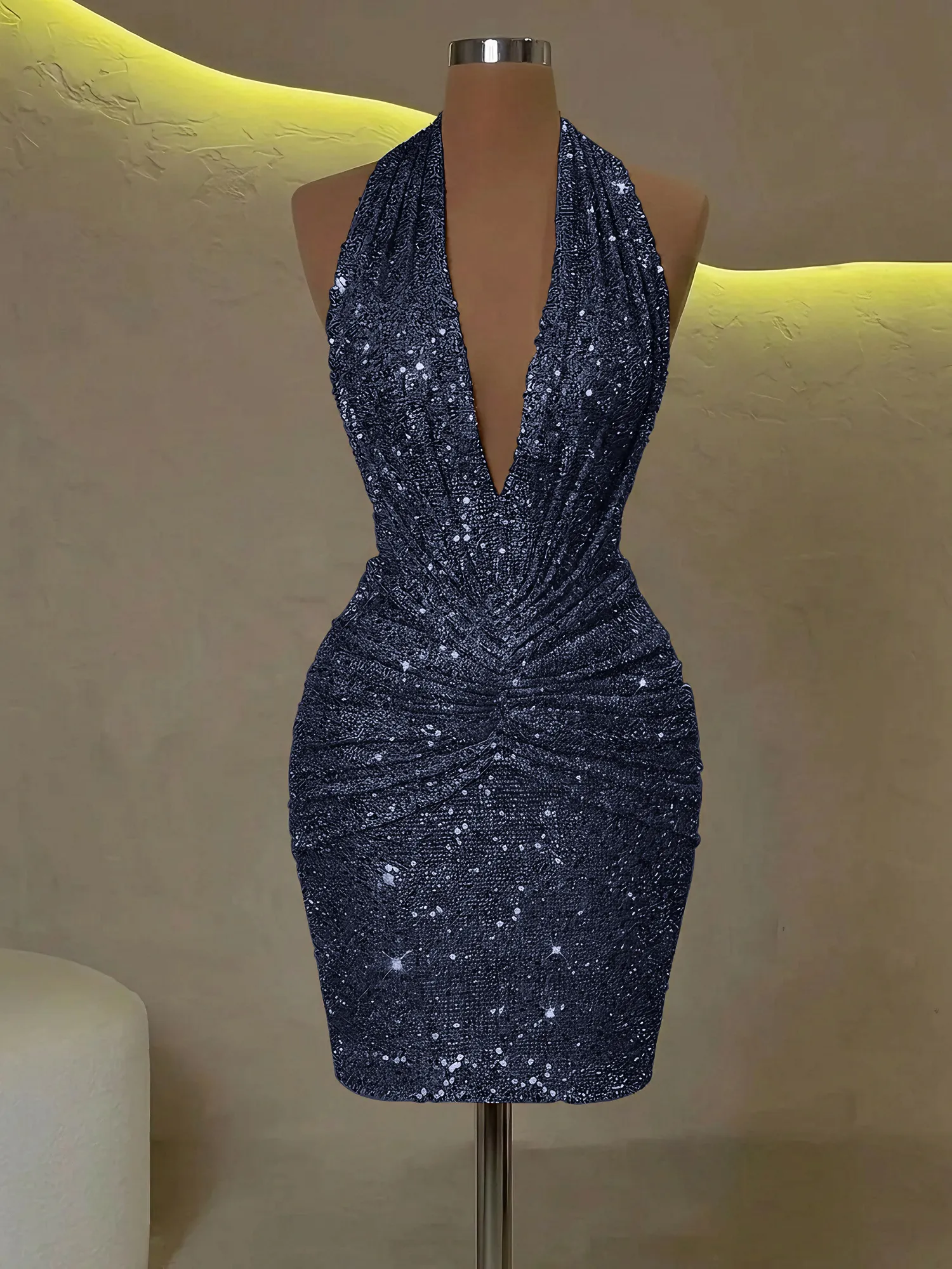 Sequin Halter Deep V-Neck Bodycon Homecoming Dress Mini Dress