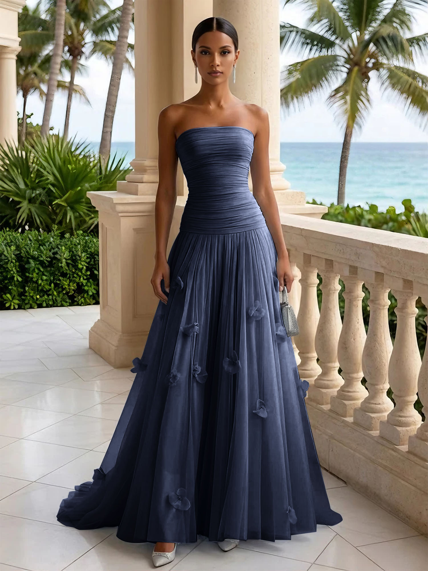 Light Blue Evening Dress with 3D Flower Strapless Pleat Maxi Dress