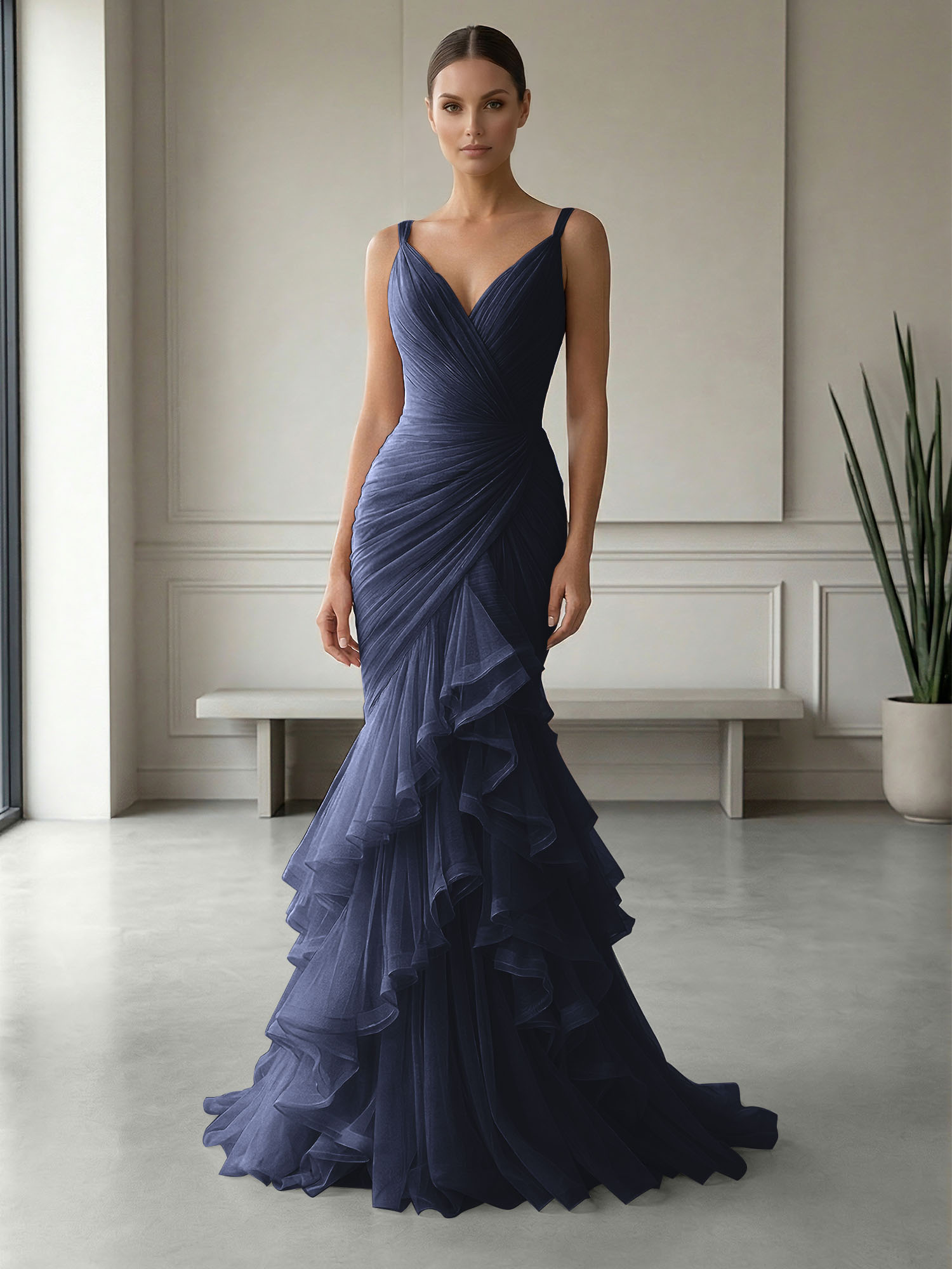 Mauve Folds Tulle Strapless Sleeveless Mermaid Gown Dress