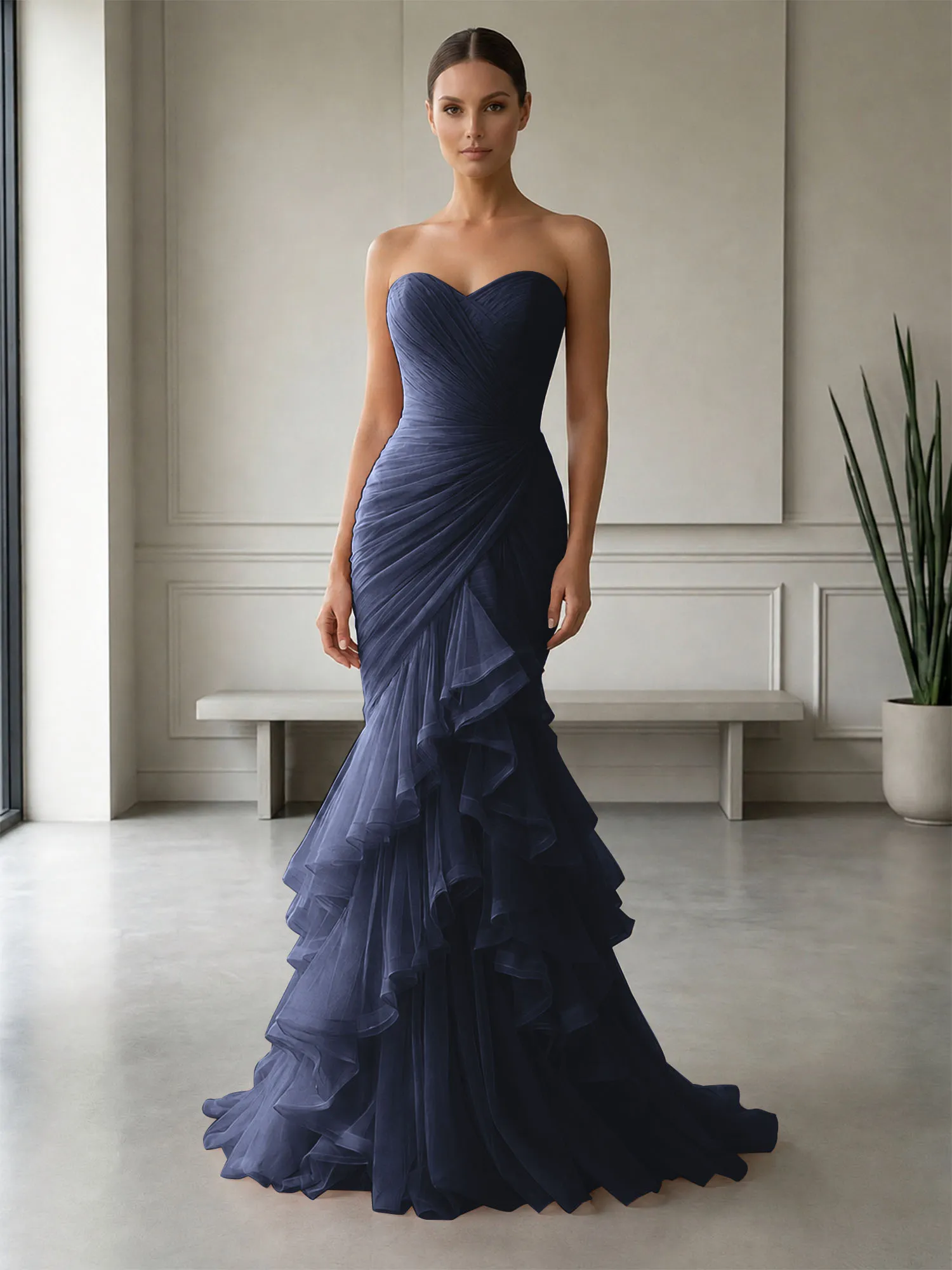 Strapless Ruched Tulle Mermaid Evening Gown Maxi Dress