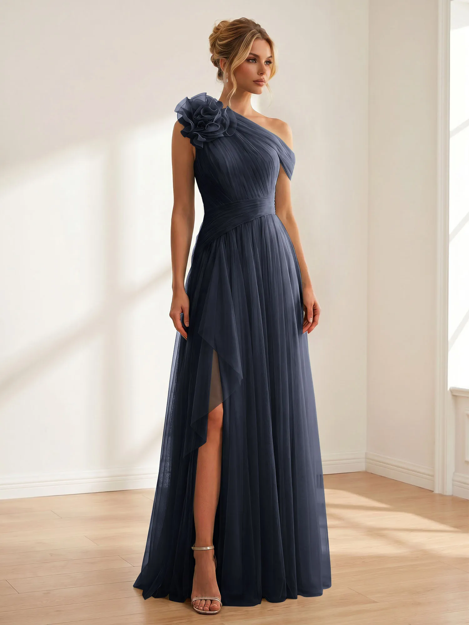 One-Shoulder Tulle Evening Gown with Floral Accent