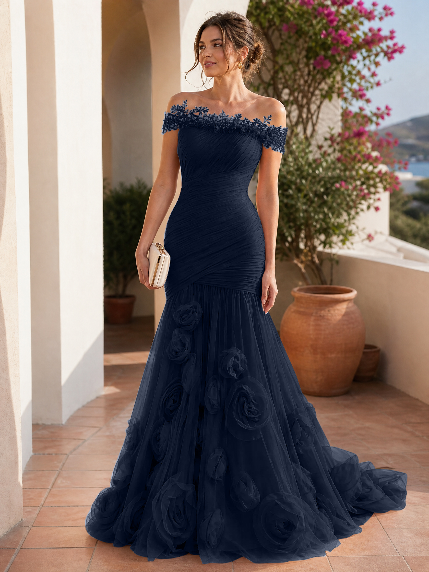 Romantic Blushing Rose Off-the-Shoulder Mermaid Formal Evening Dress 