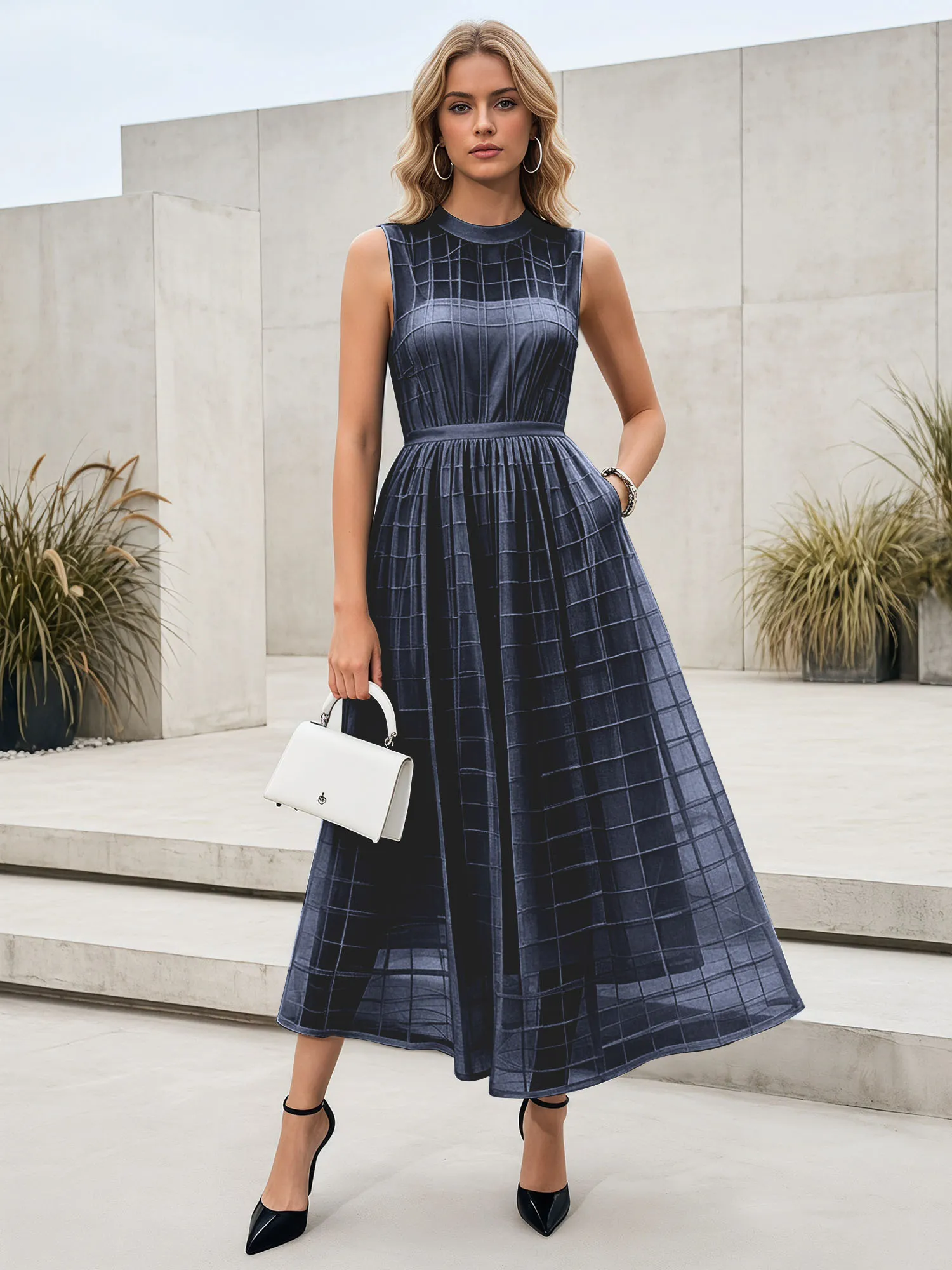 Sleeveless Grid Mesh A-Line Midi Evening Dress