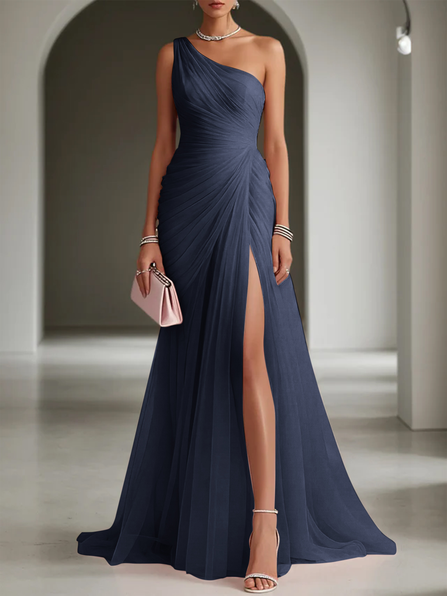 Pink Ruched Slit Tulle Strapless One Shoulder Sheath Gown Dress