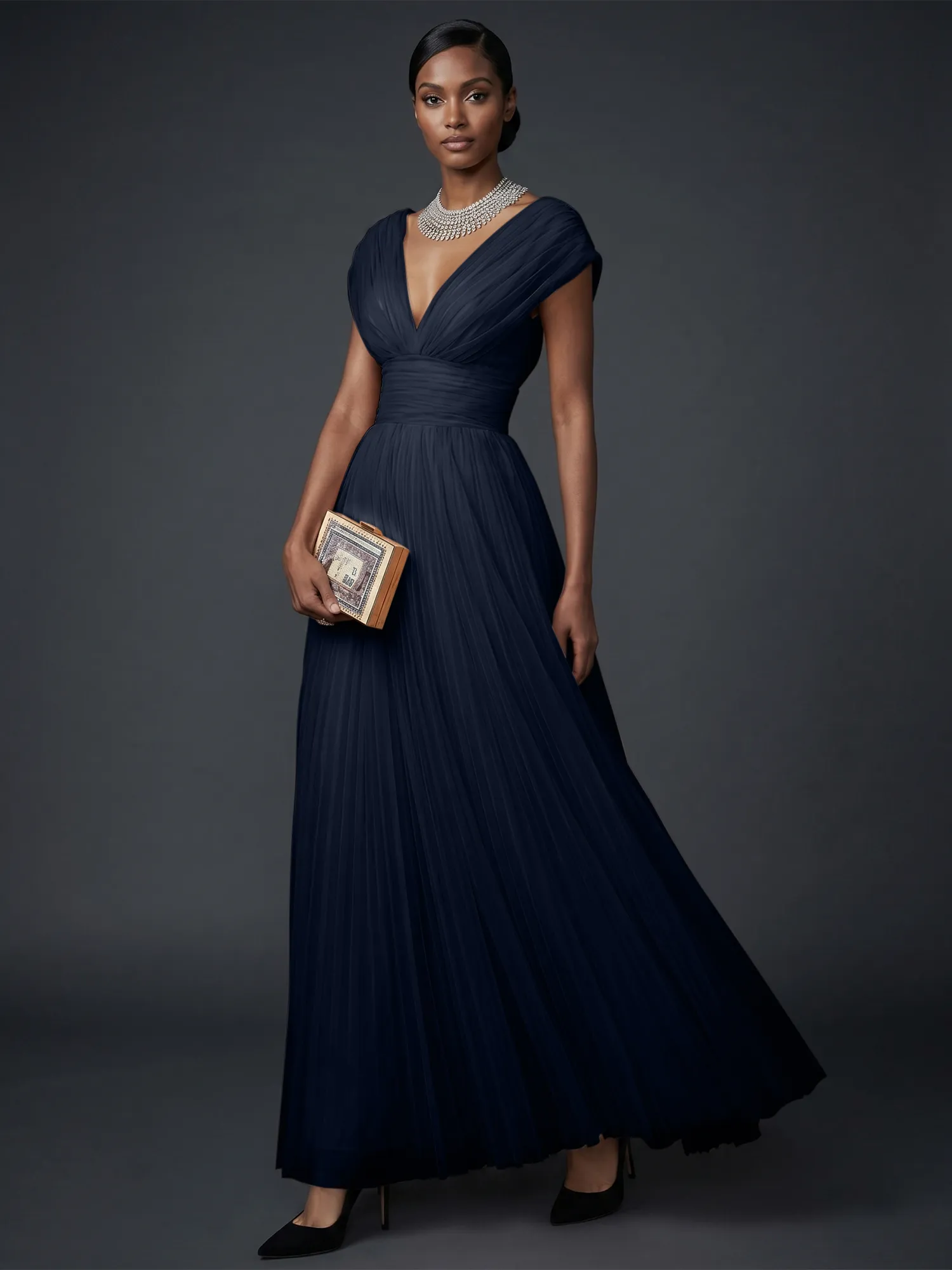 Draped V-Neck Pleated Tulle Evening Gown Maxi Dress